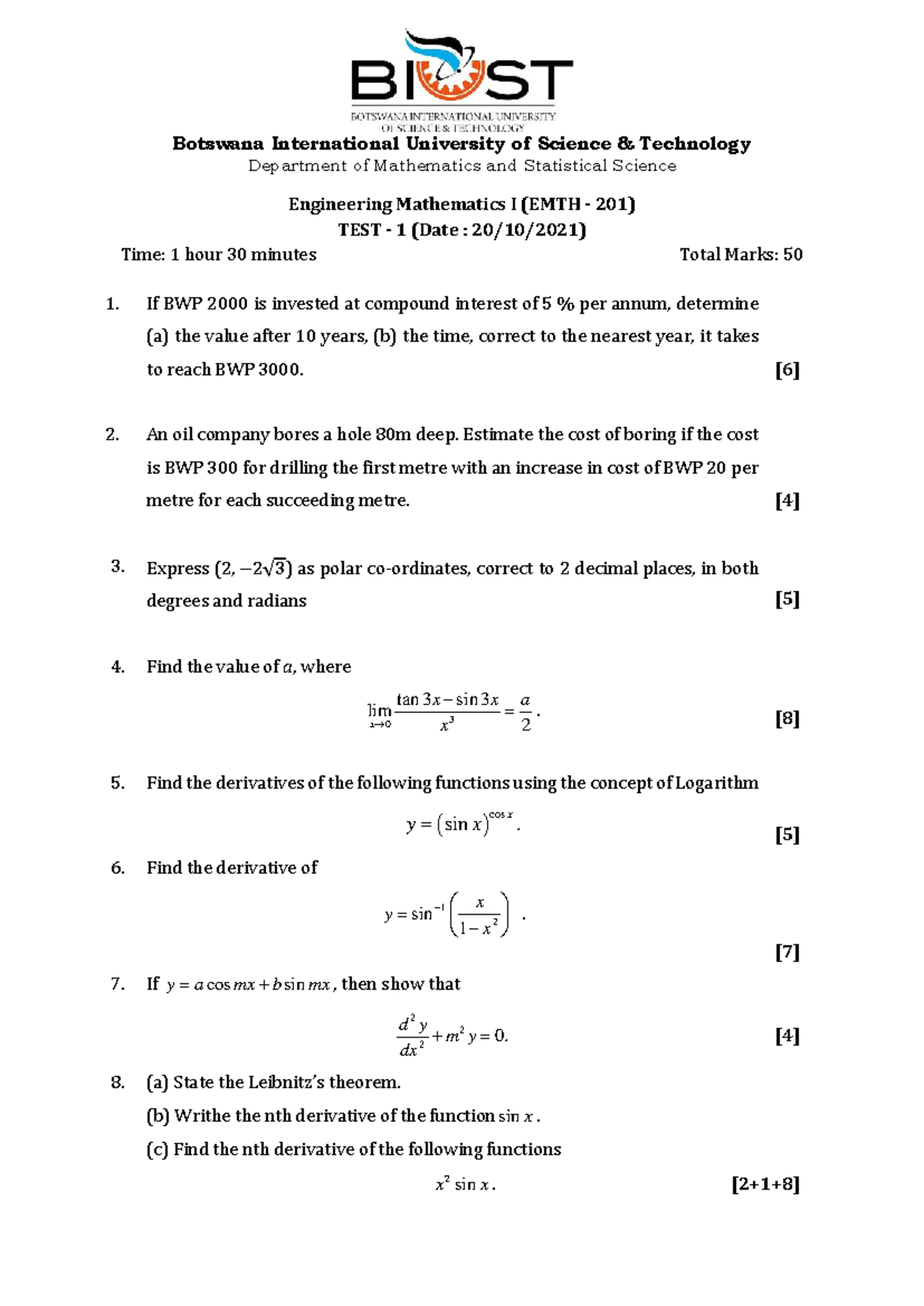 EMTH 201-Test 1-20-10-2021 - Botswana International University of ...