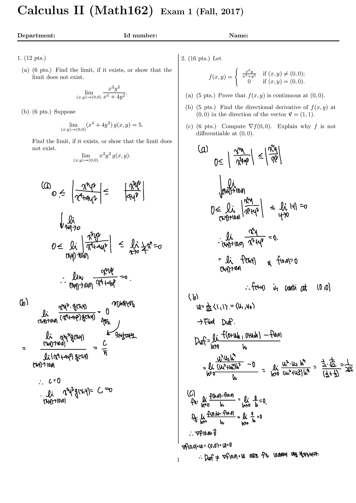 17-2-1 - 미적분학및연습1 17학년도 기출문제 손풀이입니다. - Calculus II (Math162) Exam 1 ...