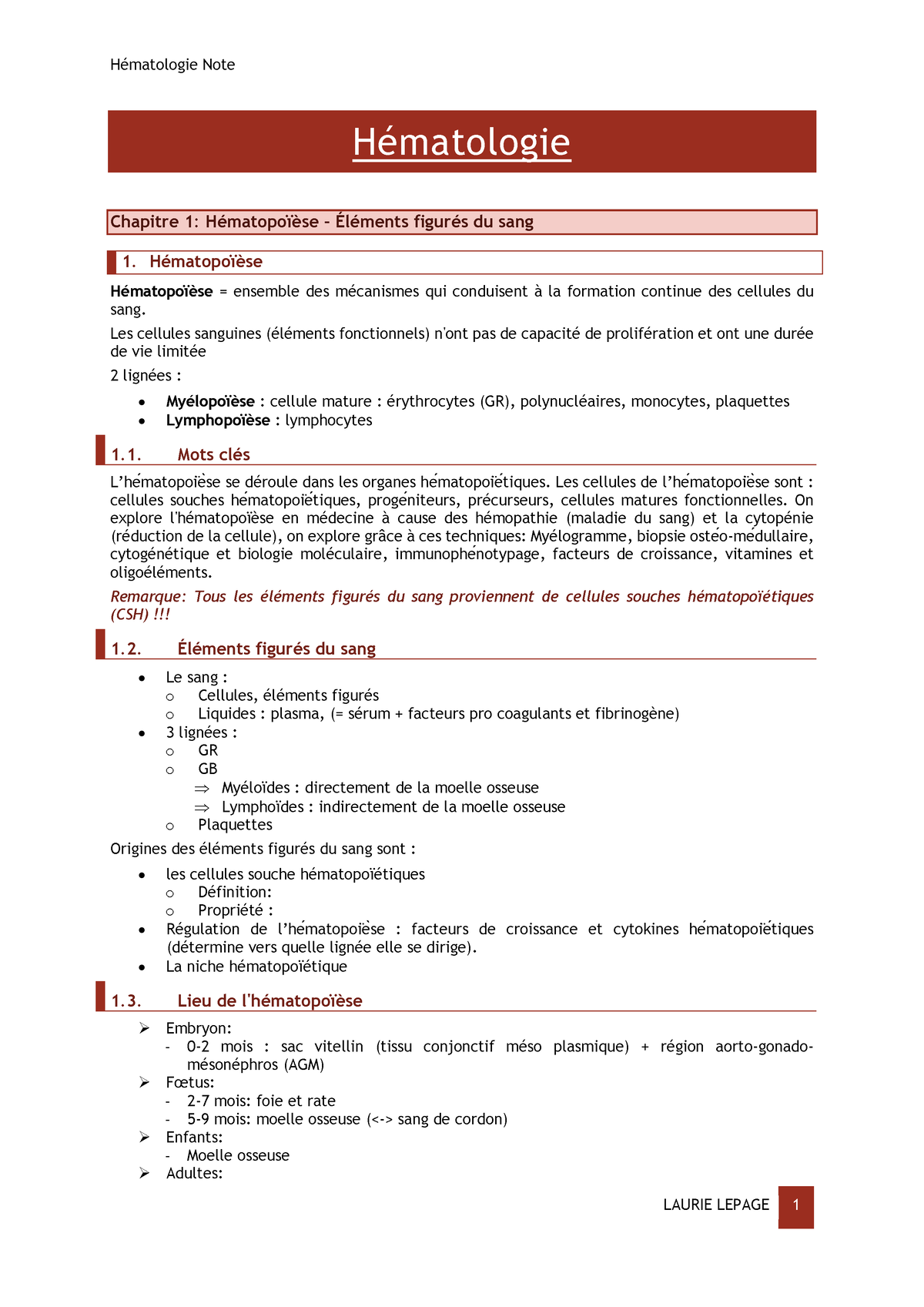 Hématologie-synthèse - Hématologie Chapitre 1: Hématopoïèse – Éléments ...