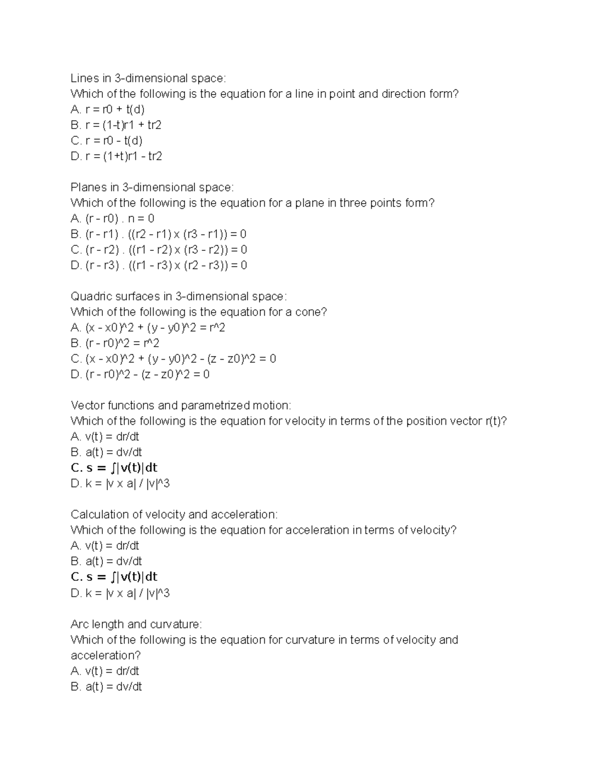 MA 261 Practice Exam Lines in 3dimensional space Which of the