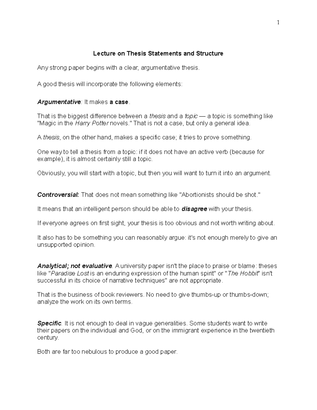 Lecture 4 Thesis - Lecture on Thesis Statements and Structure Any ...