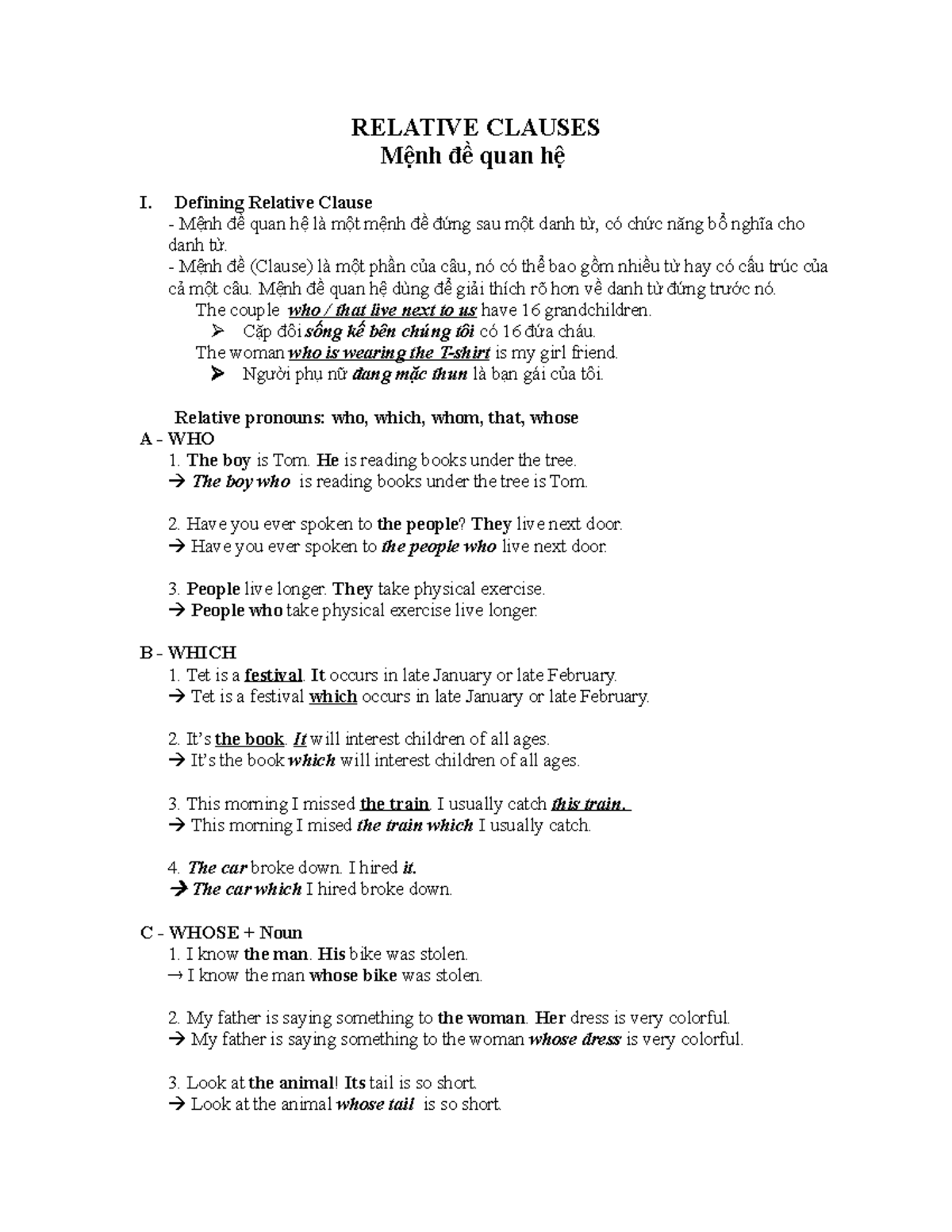 Relative Clauses - Grammar docx - RELATIVE CLAUSES Mệnh đề quan hệ I ...