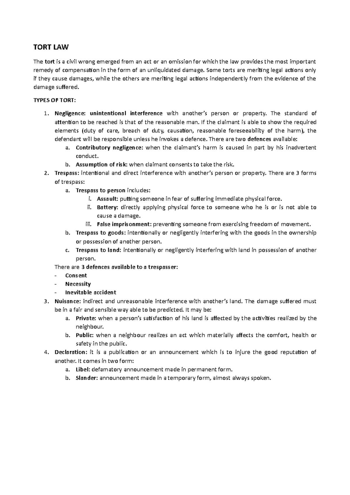 Tort law - Sintesi - TORT LAW The tort is a civil wrong emerged from an ...