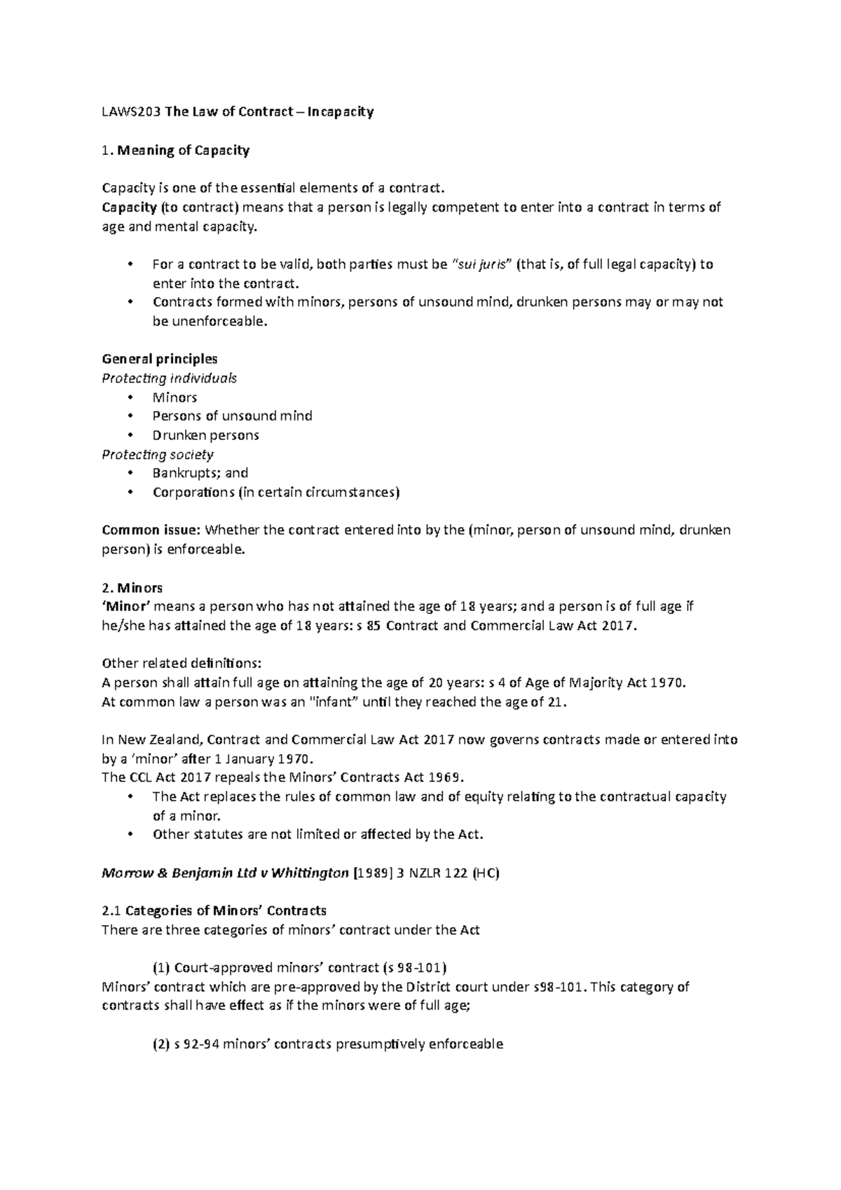 1. Incapacity outline - LAWS203 The Law of Contract – Incapacity ...