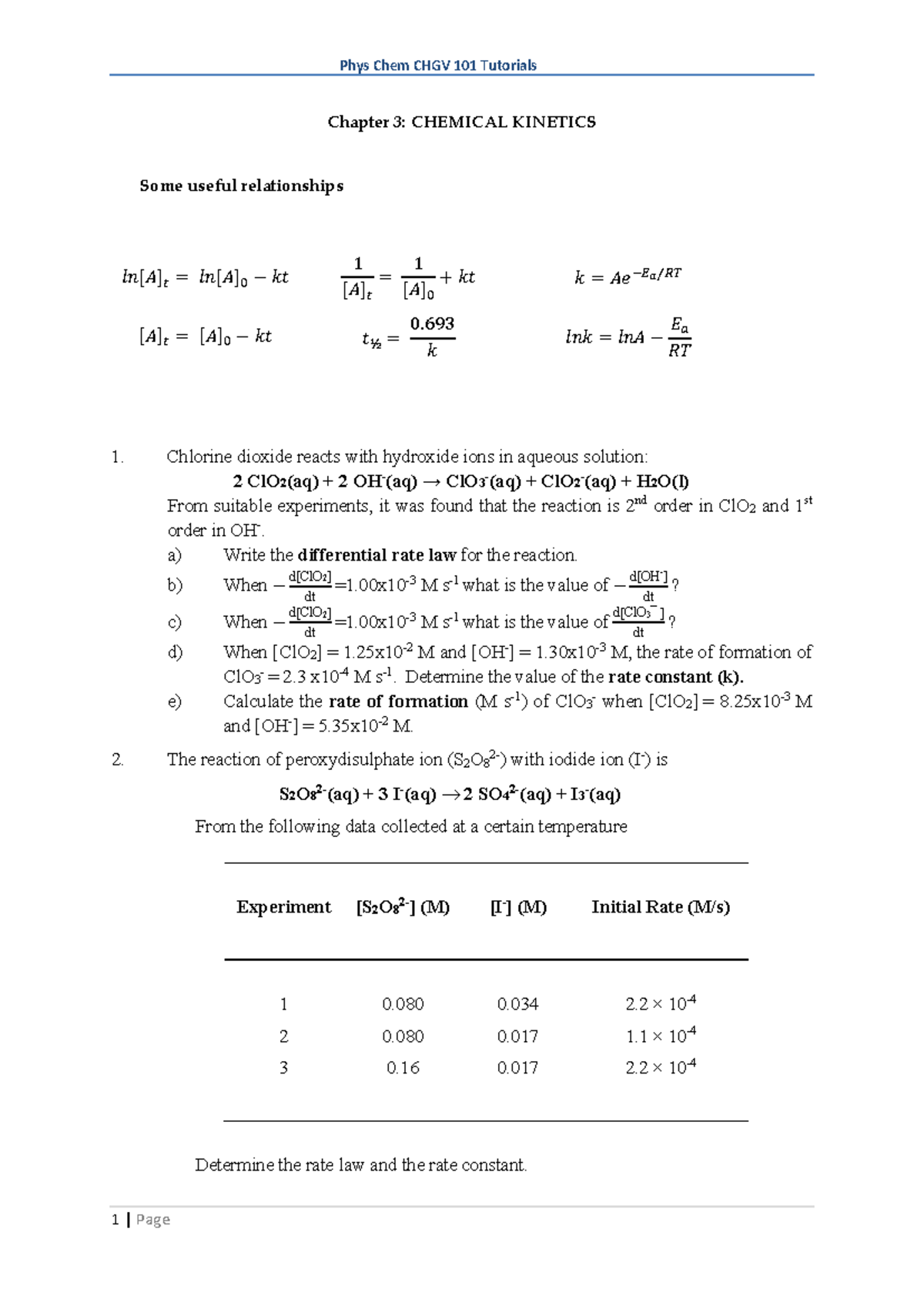 CHG 101 Tutorial 3 Questions Chemical Kinetics - Chapter 3: CHEMICAL ...