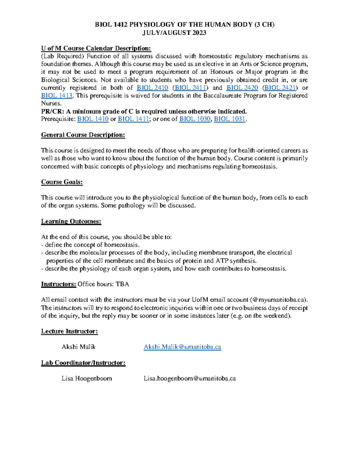 BIOL 1412 Physiology of the Human Body Course Description - Studocu