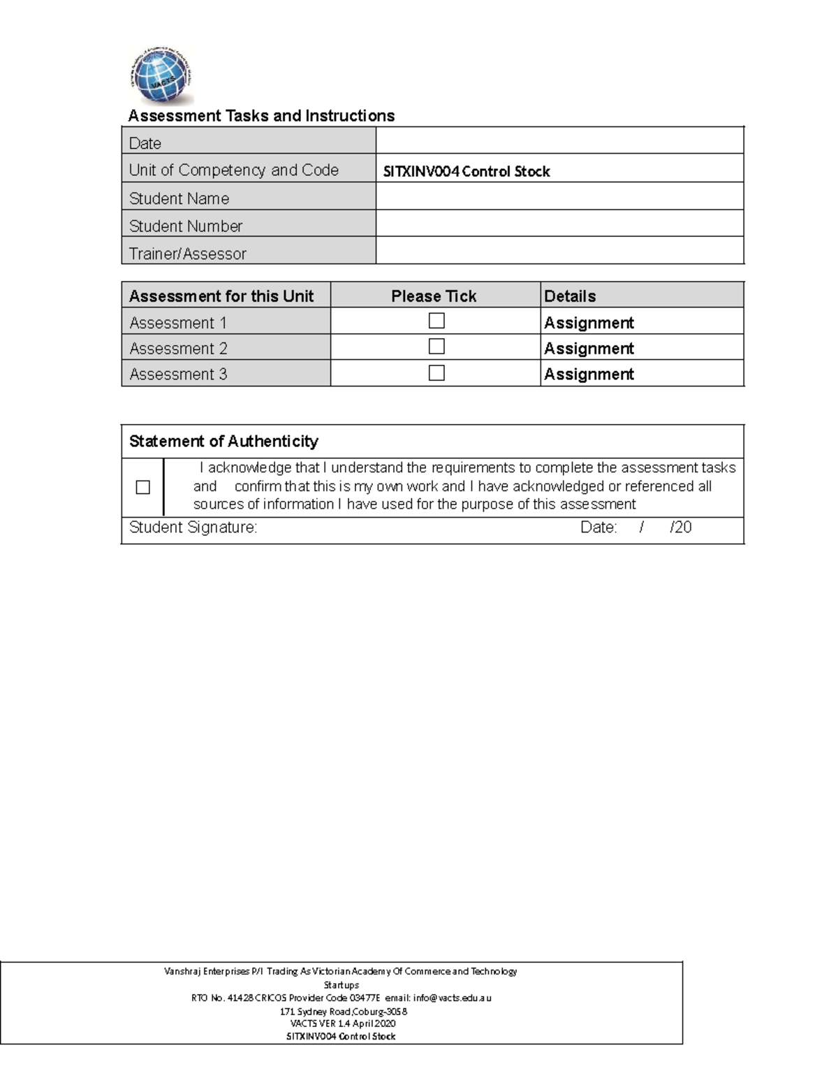 SITXFIN002 control stock - Assessment Tasks and Instructions Date Unit ...