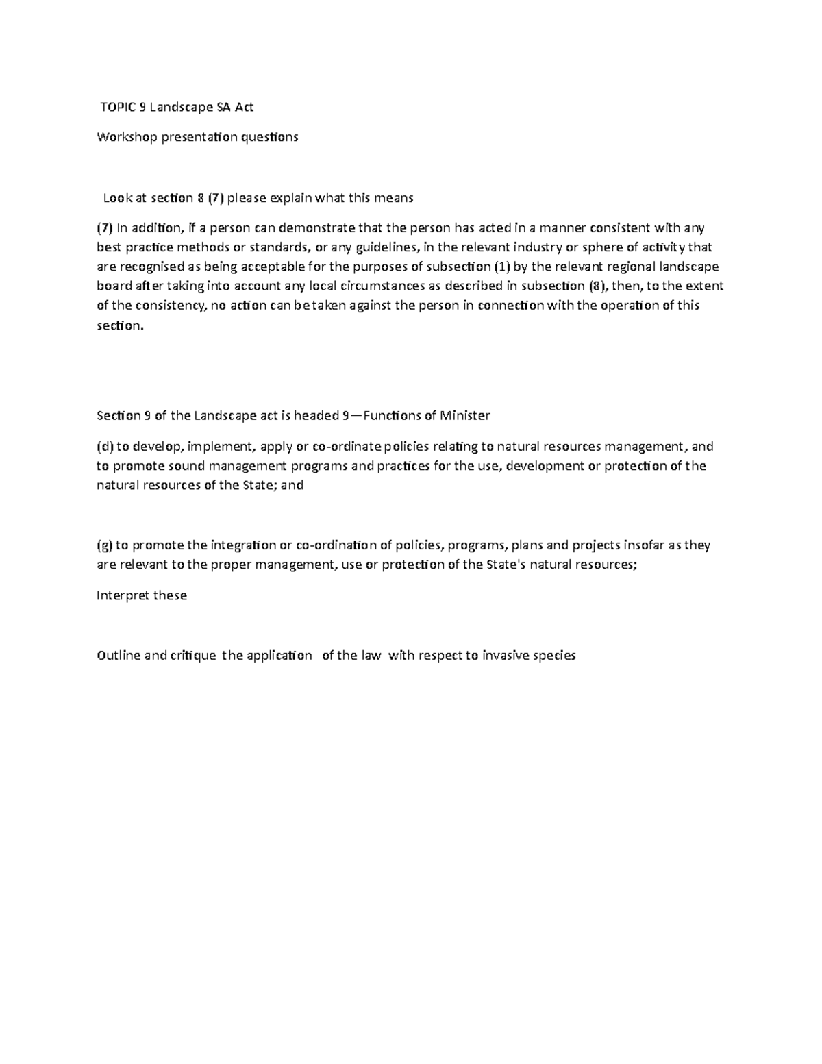 Topic 9 2022 Enviromental law 2038 TOPIC 9 Landscape SA Act presentation