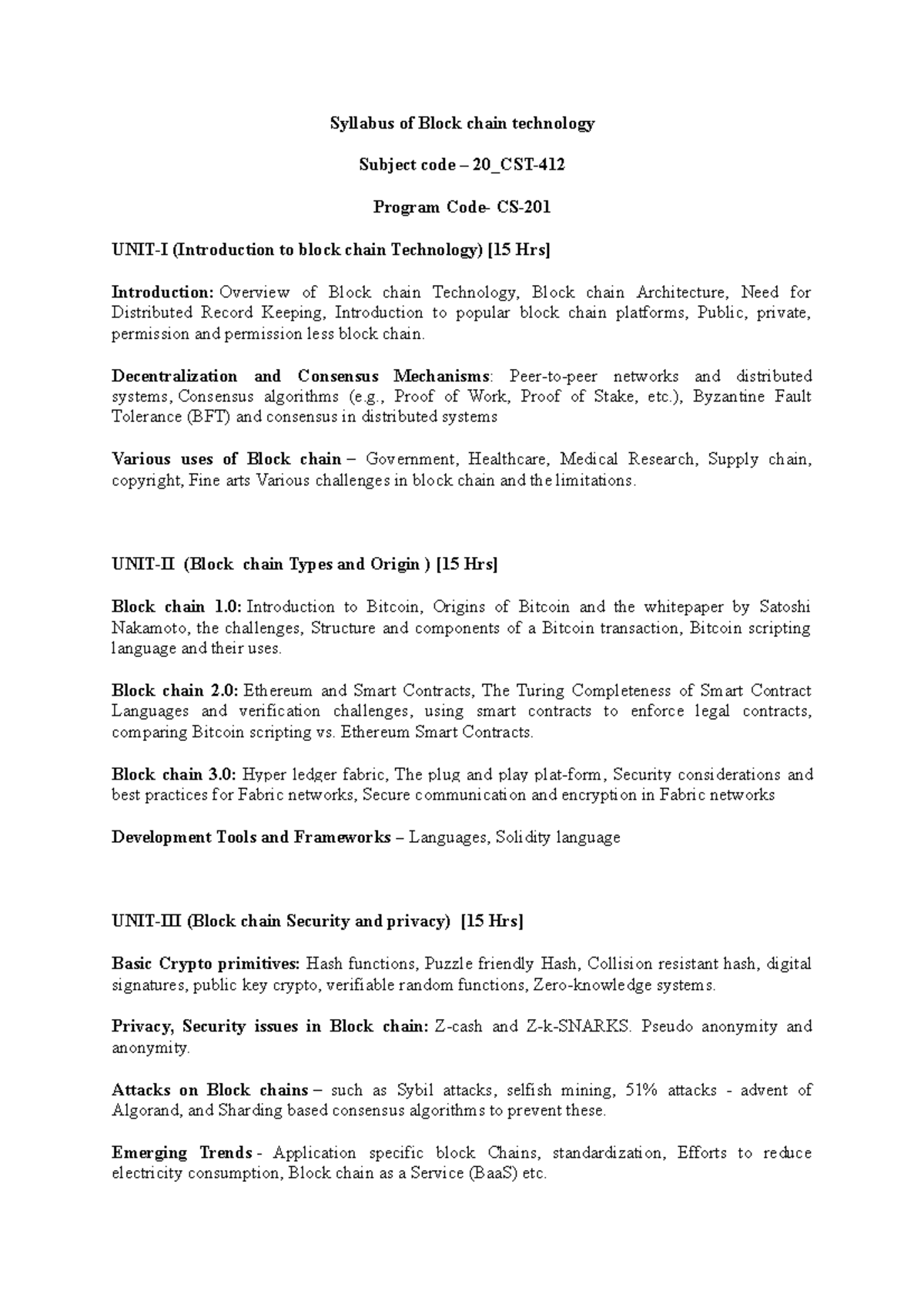 Syllabus of Block chain technology - Syllabus of Block chain technology ...