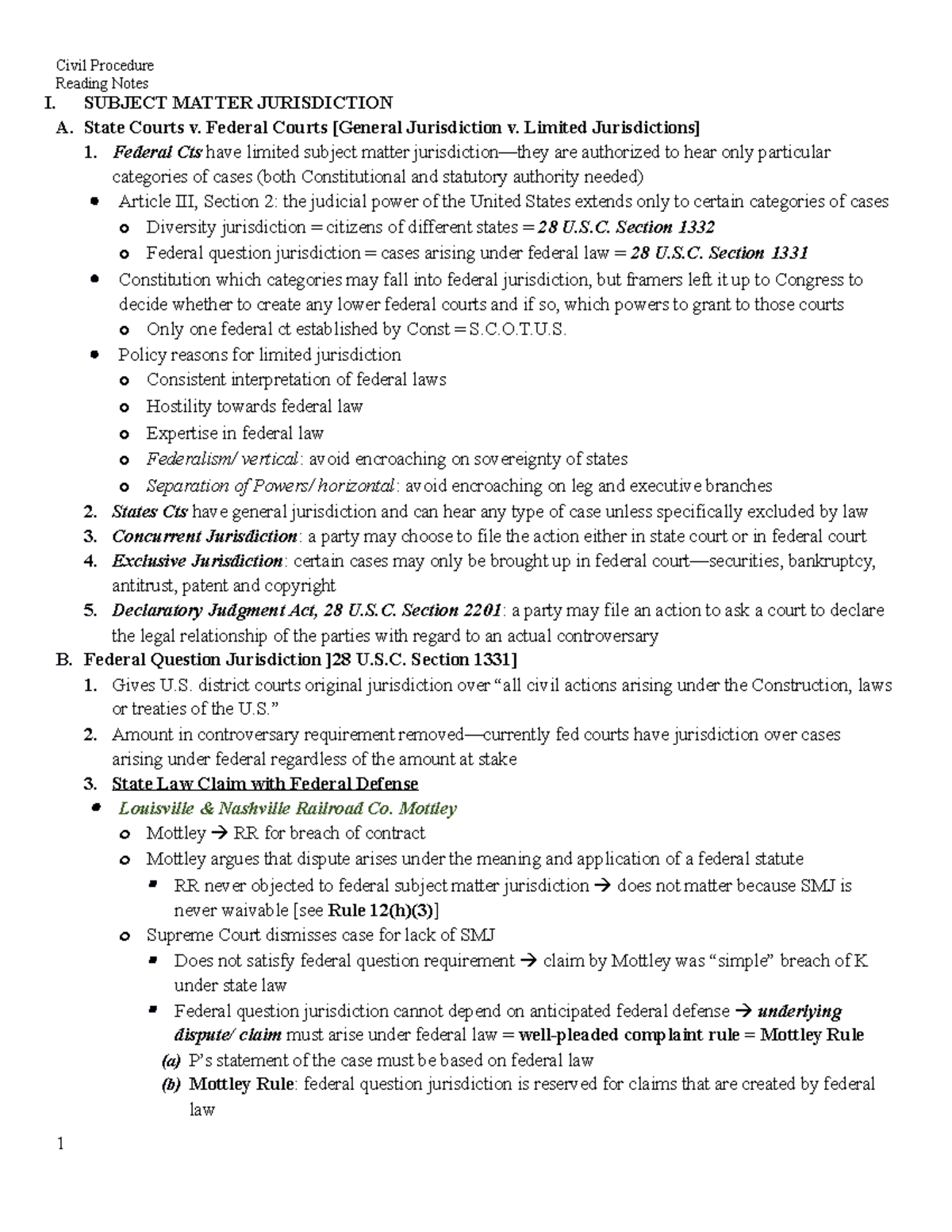 Civil Procedure Law Outline 1 Reading Notes I SUBJECT MATTER 