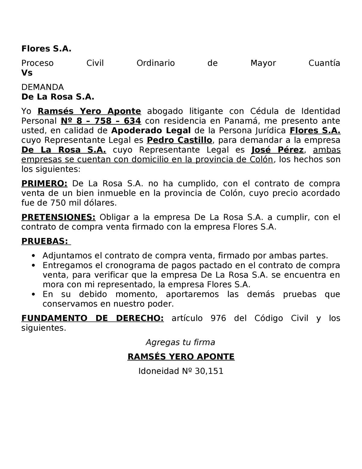 Poder Y Demanda - Flores S. Proceso Civil Ordinario De Mayor Cuantía Vs ...