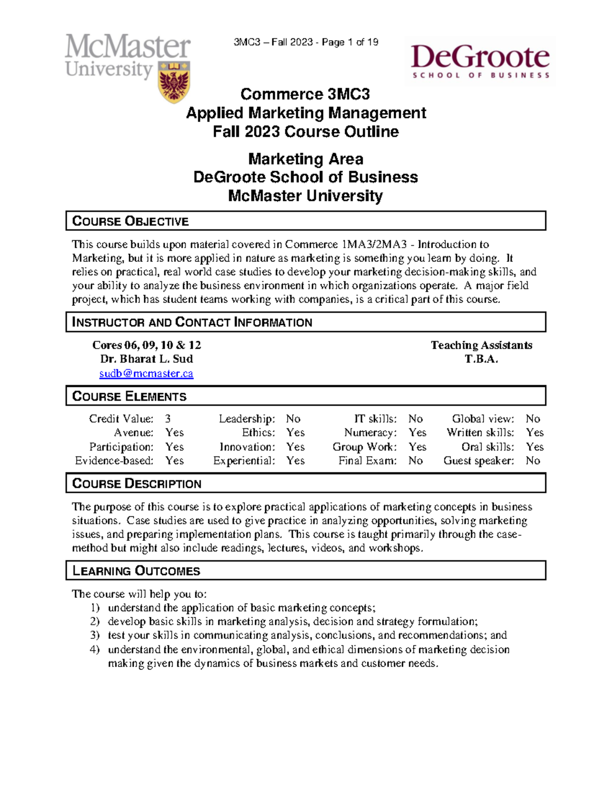 2023 Fall 3MC3 Course Outline - Commerce 3MC Applied Marketing ...
