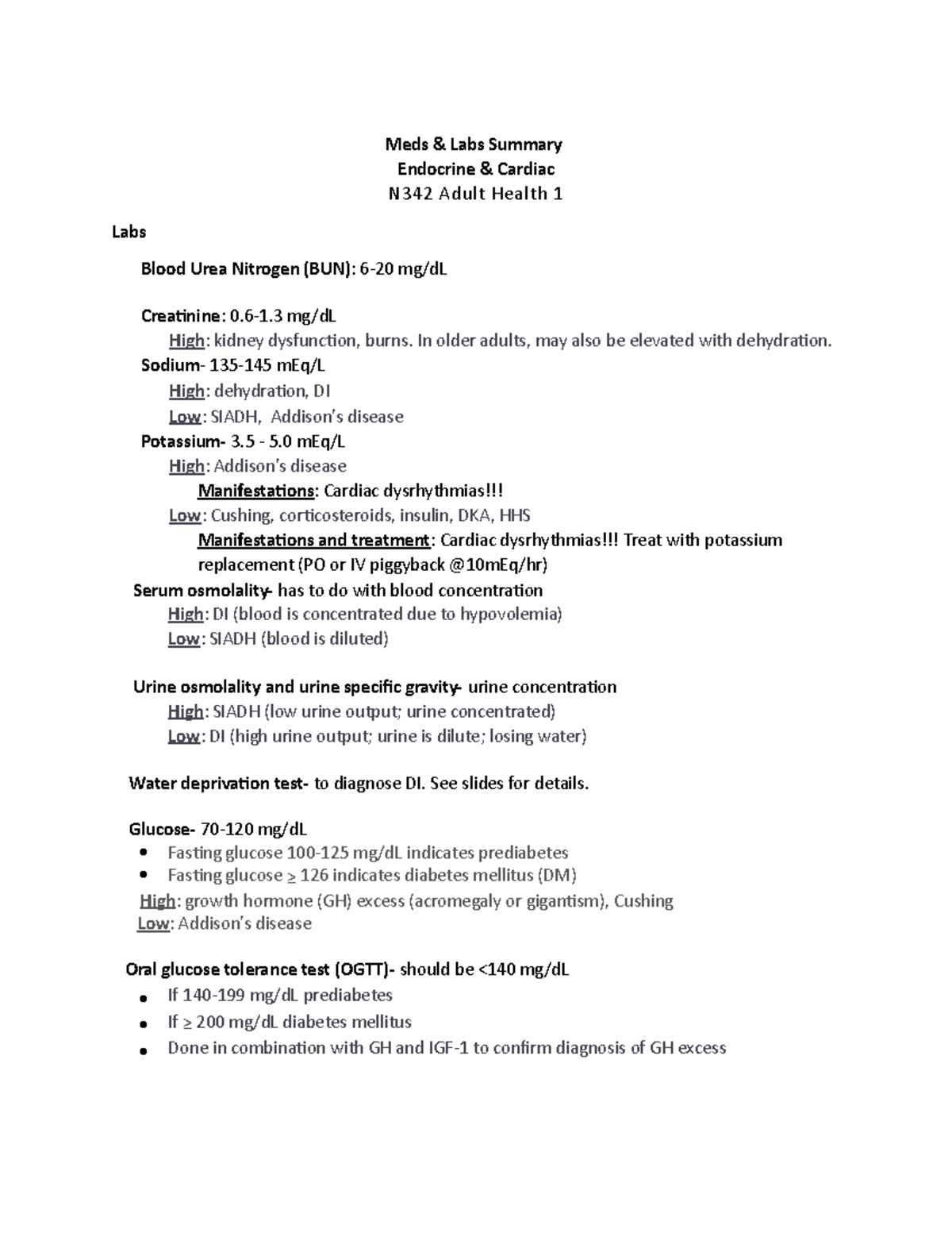 Meds Labs EXAM 3 medications and labs for exam 3 Meds & Labs Summary Endocrine & Cardiac