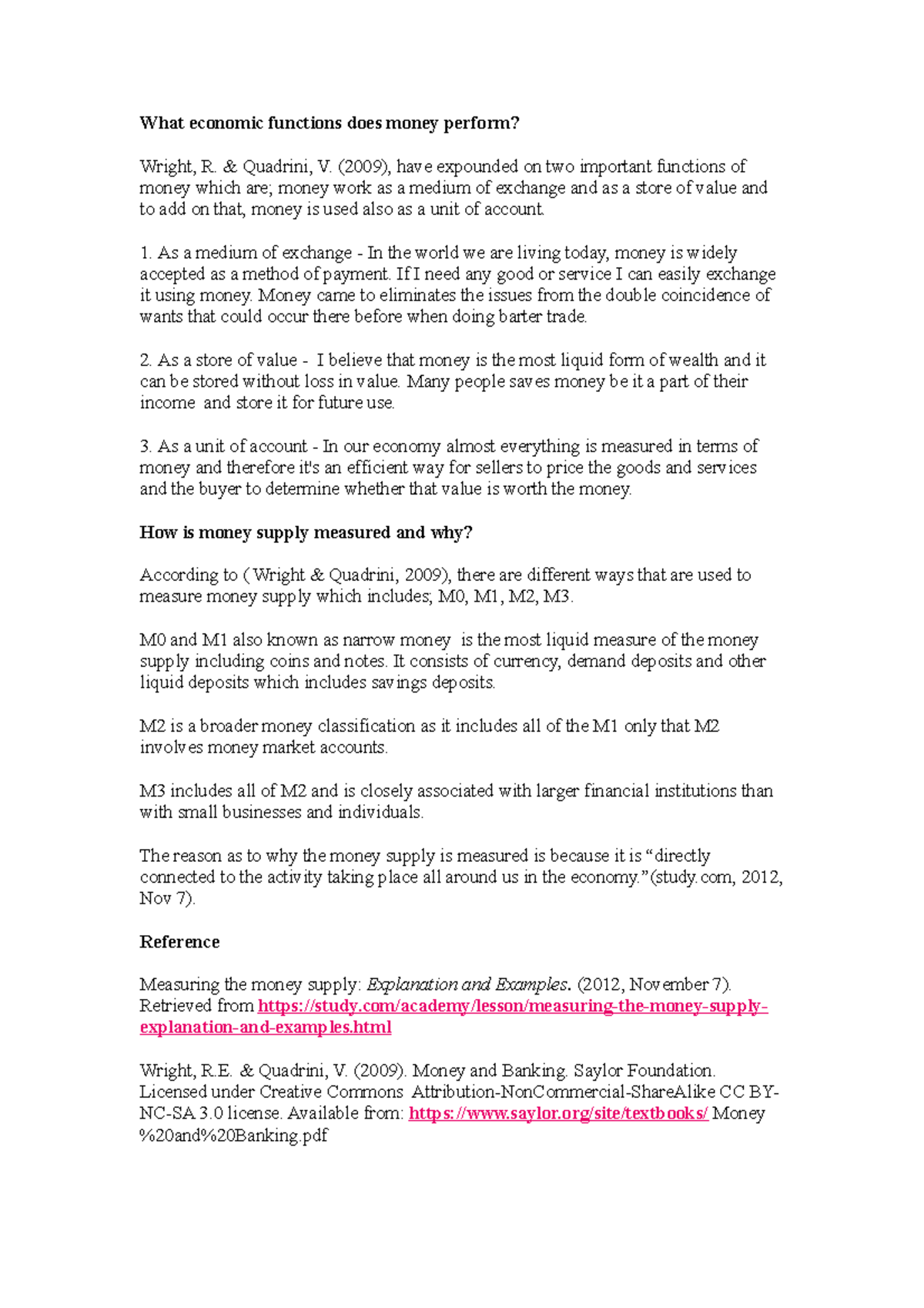 2203 D1 i finance What economic functions does money perform