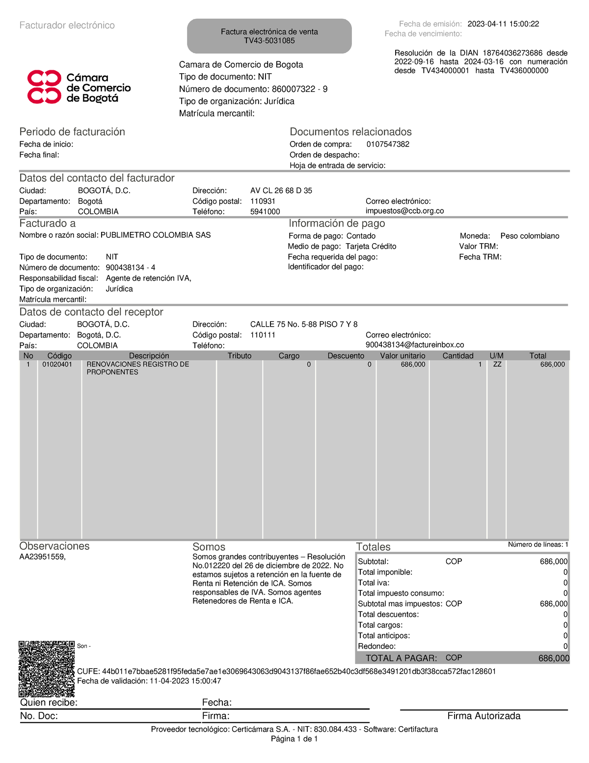 Camara DE Comercio DE Bogotá FV 435031085 - Facturador Electrónico ...