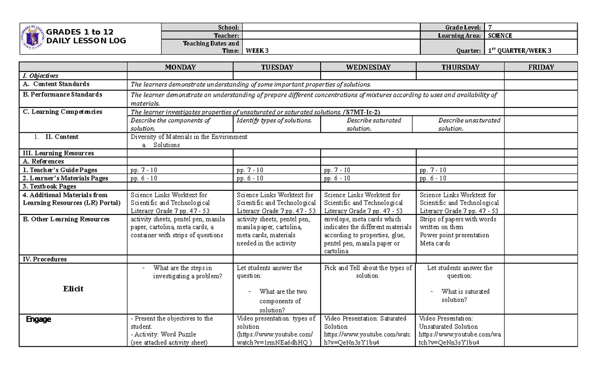 Dll Science-7 Q1 W3 Final - Grades 1 To 12 Daily Lesson Log School 