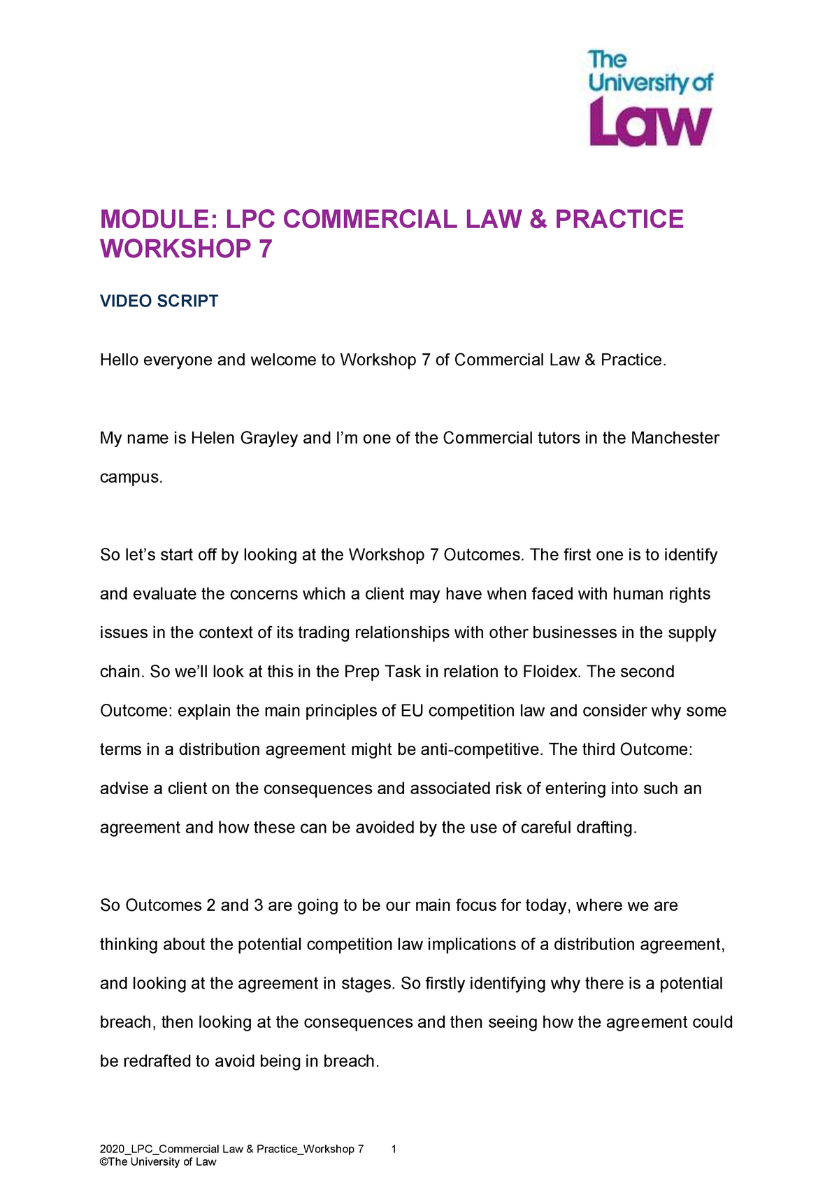 WS7 Transcript - MODULE: LPC COMMERCIAL LAW & PRACTICE WORKSHOP 7 VIDEO ...