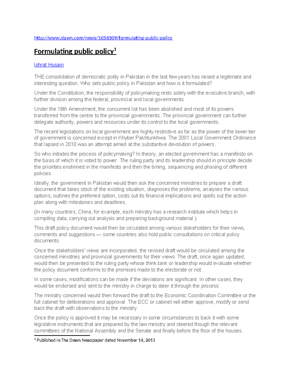 Formulating public policy DAWN 14 11 2013 - dawn/news/1056309 ...