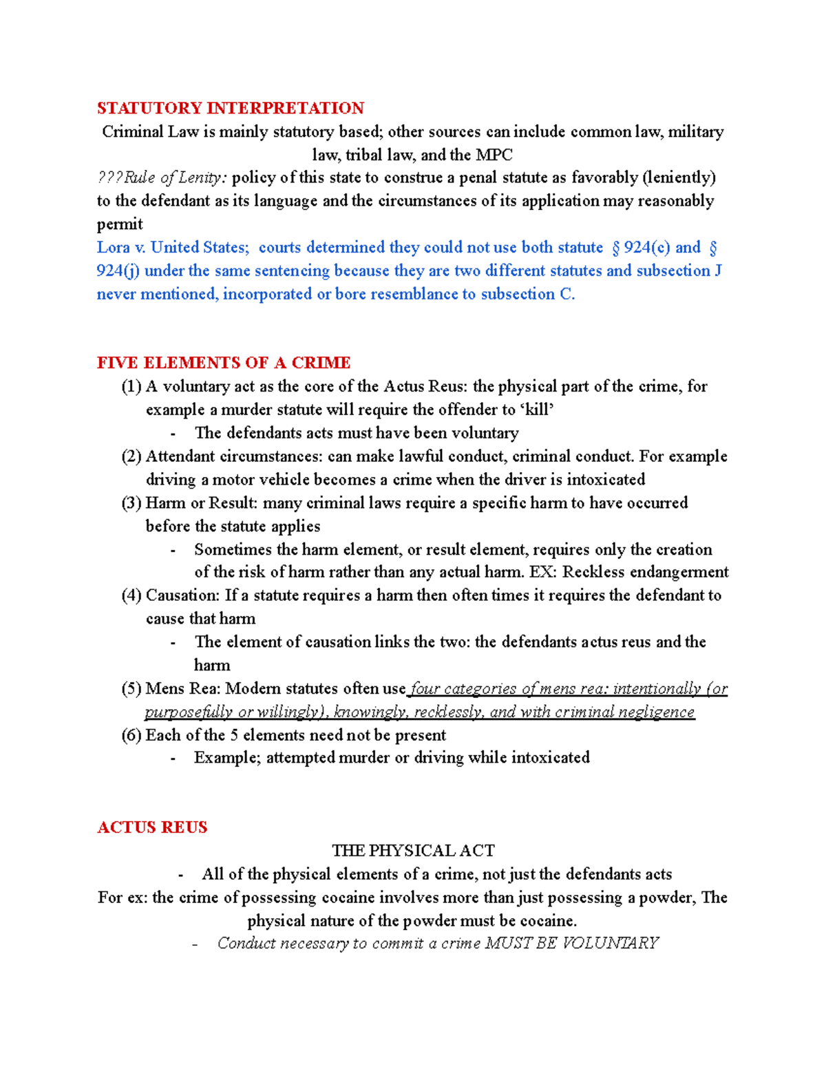 Criminal Law Outline - STATUTORY INTERPRETATION Criminal Law is mainly ...