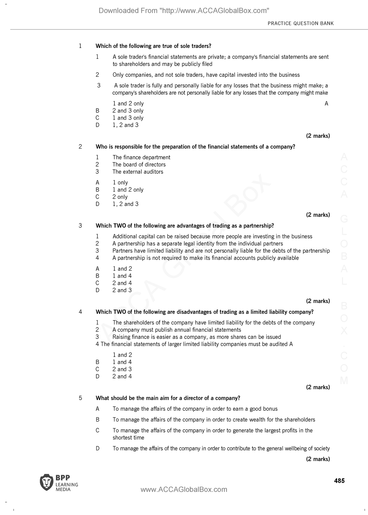 Practice Question Bank - F3 BPP ST-2021 - PRACTICE QUESTION BANK 485 1 ...