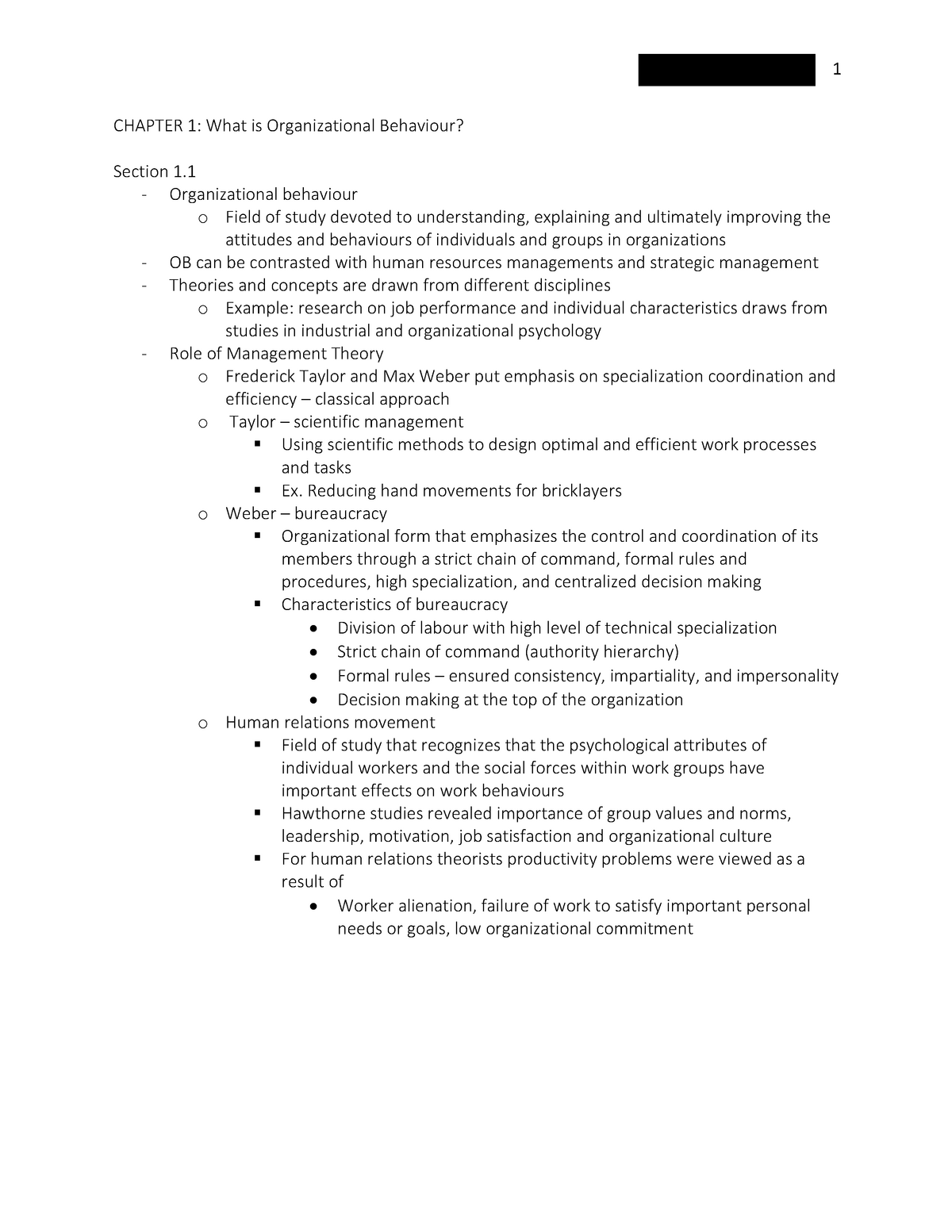 Chapter 1 And 2 Readings Lecture Notes Chapter 1 What Is Organizational Behaviour Section 1 0263