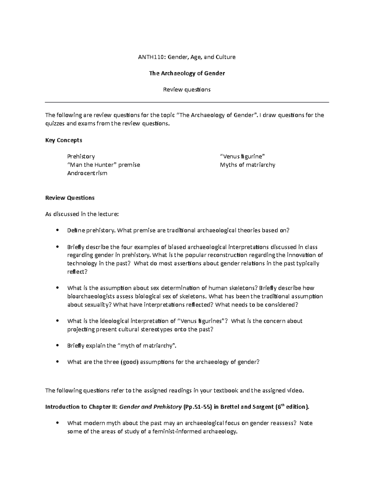 Review Questions The Archaeology of Gender 2022 ANTH110 Gender, Age