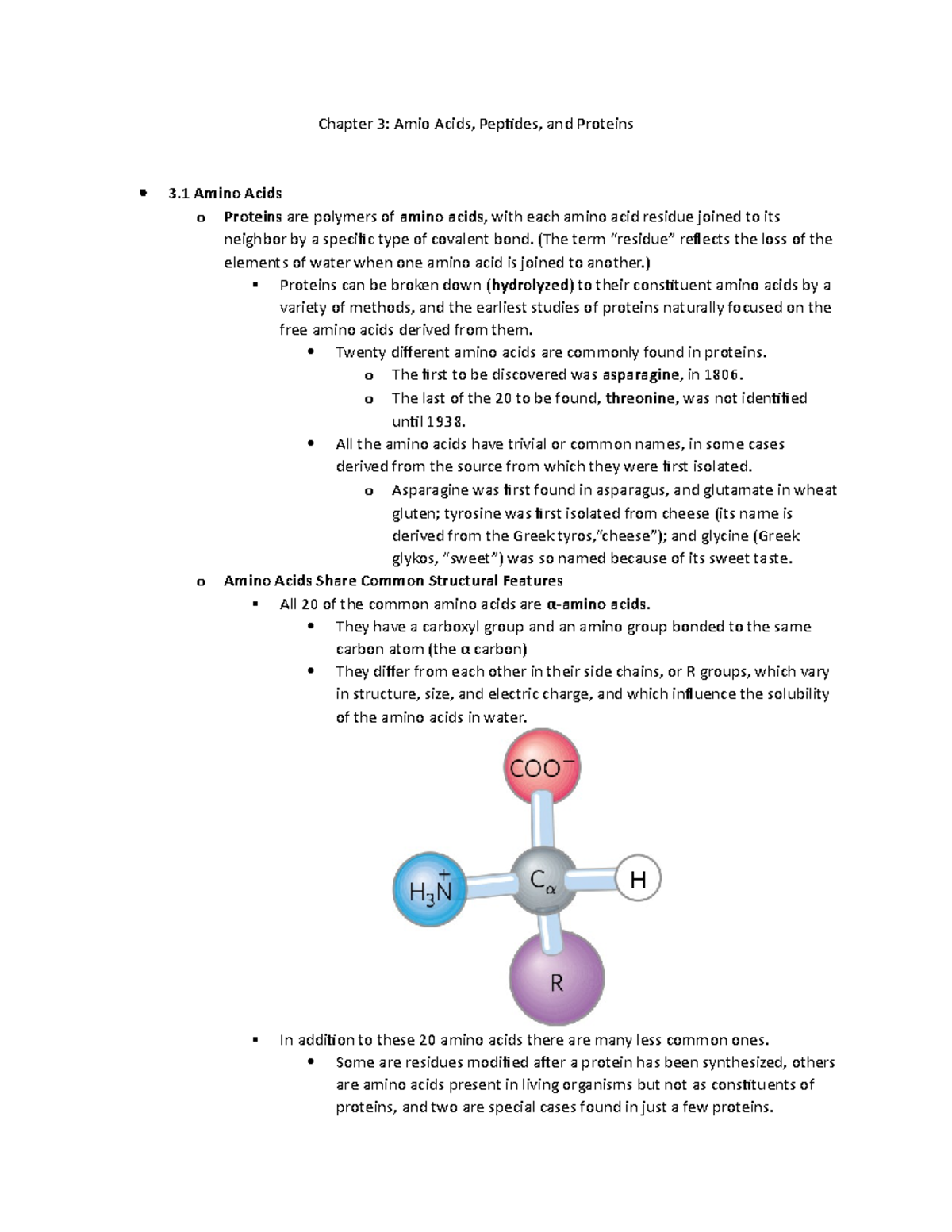 Chapter 3 Notes - Chapter 3: Amio Acids, Peptides, And Proteins 3 Amino ...