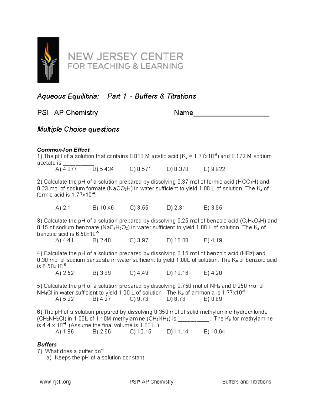 Apchem bufferstitrationsmultiplechoice 20180209 Aqueous