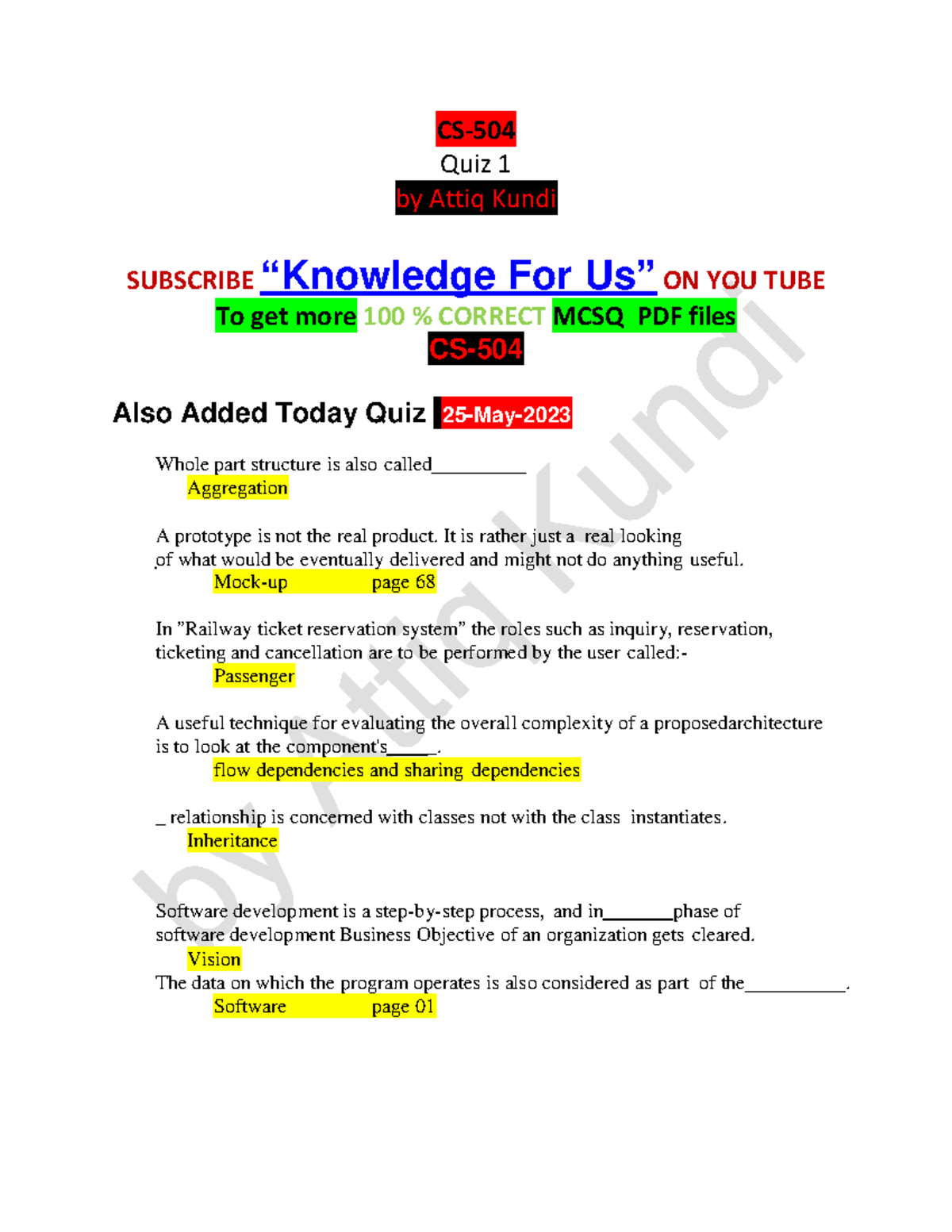 CS504 Quiz-1 By Attiq Kundi Up Dated On 25-05-2023 - CS- Quiz 1 By ...