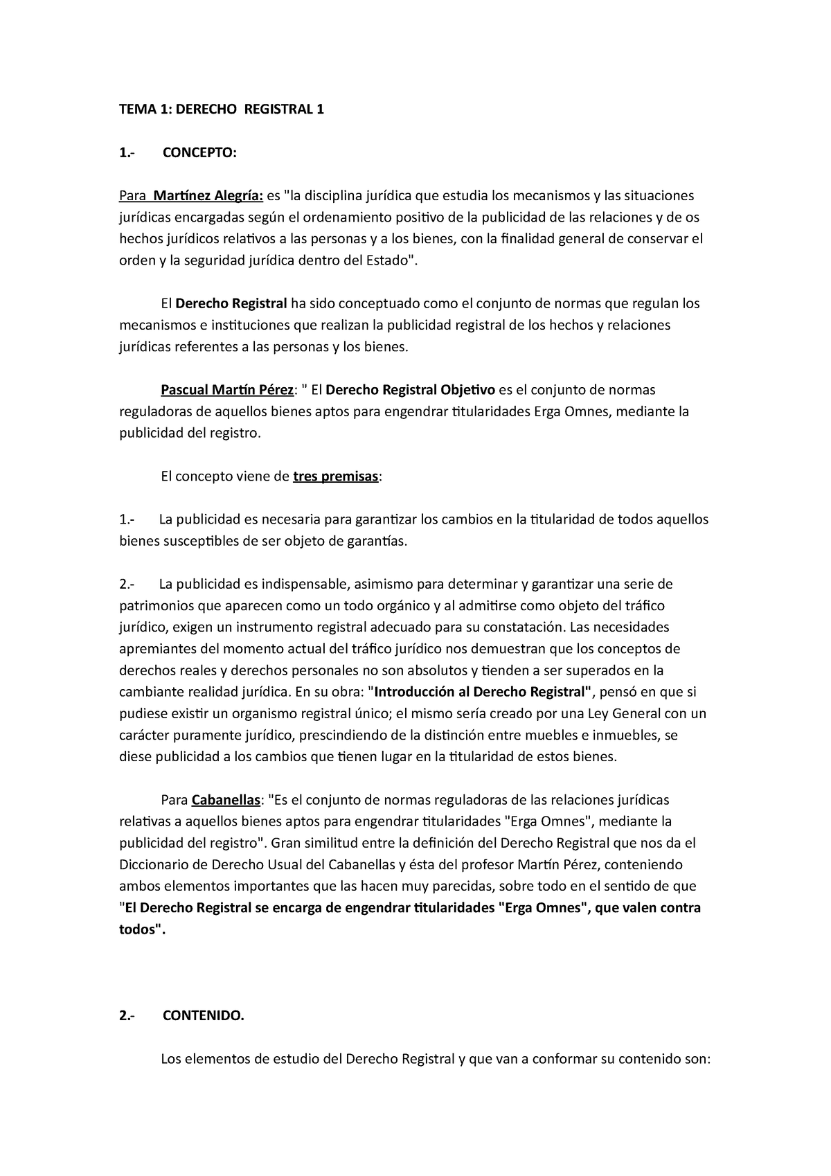 Derecho Registral - TEMA 1: DERECHO REGISTRAL 1 1.- CONCEPTO: Para ...