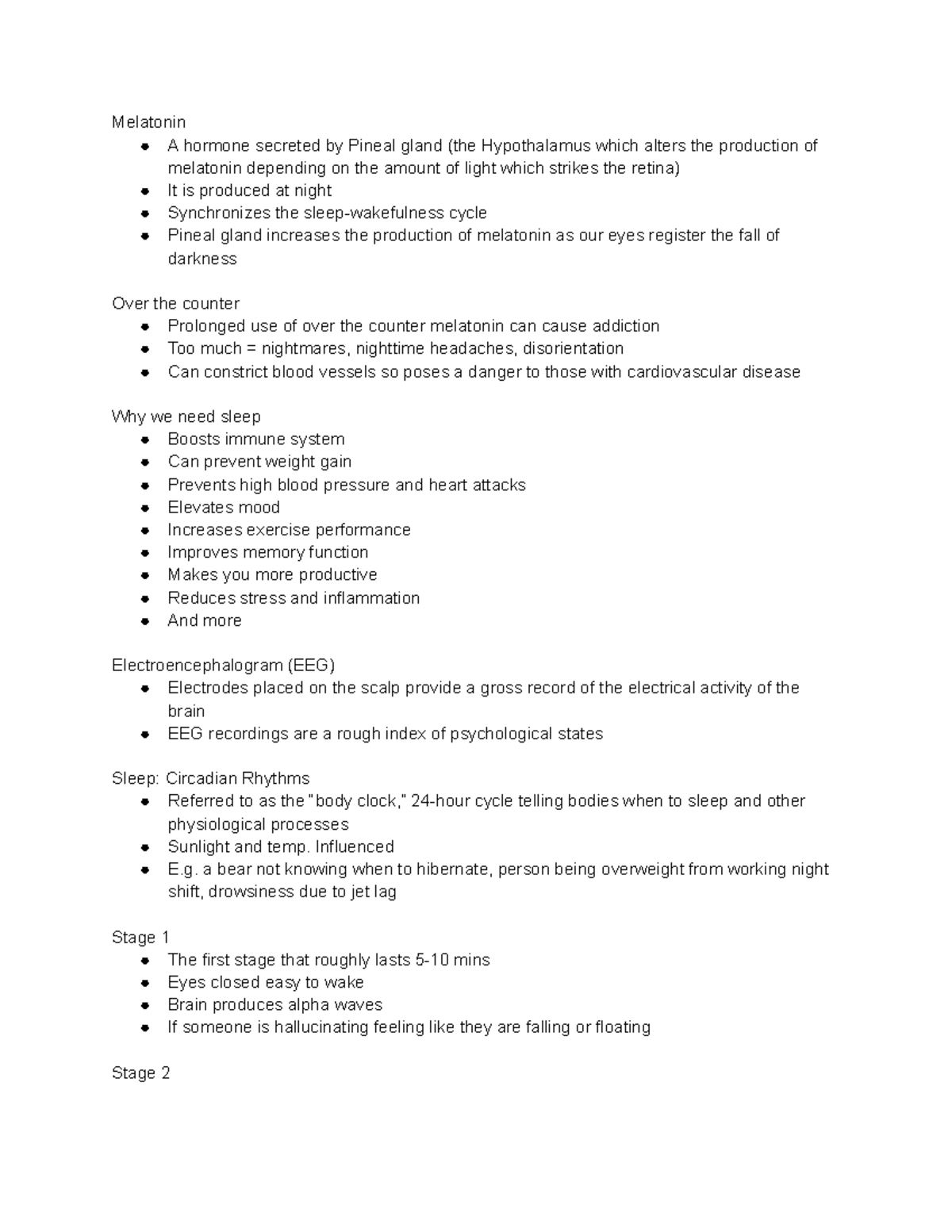 Psychology Consciousness Notes - Melatonin A hormone secreted by Pineal ...