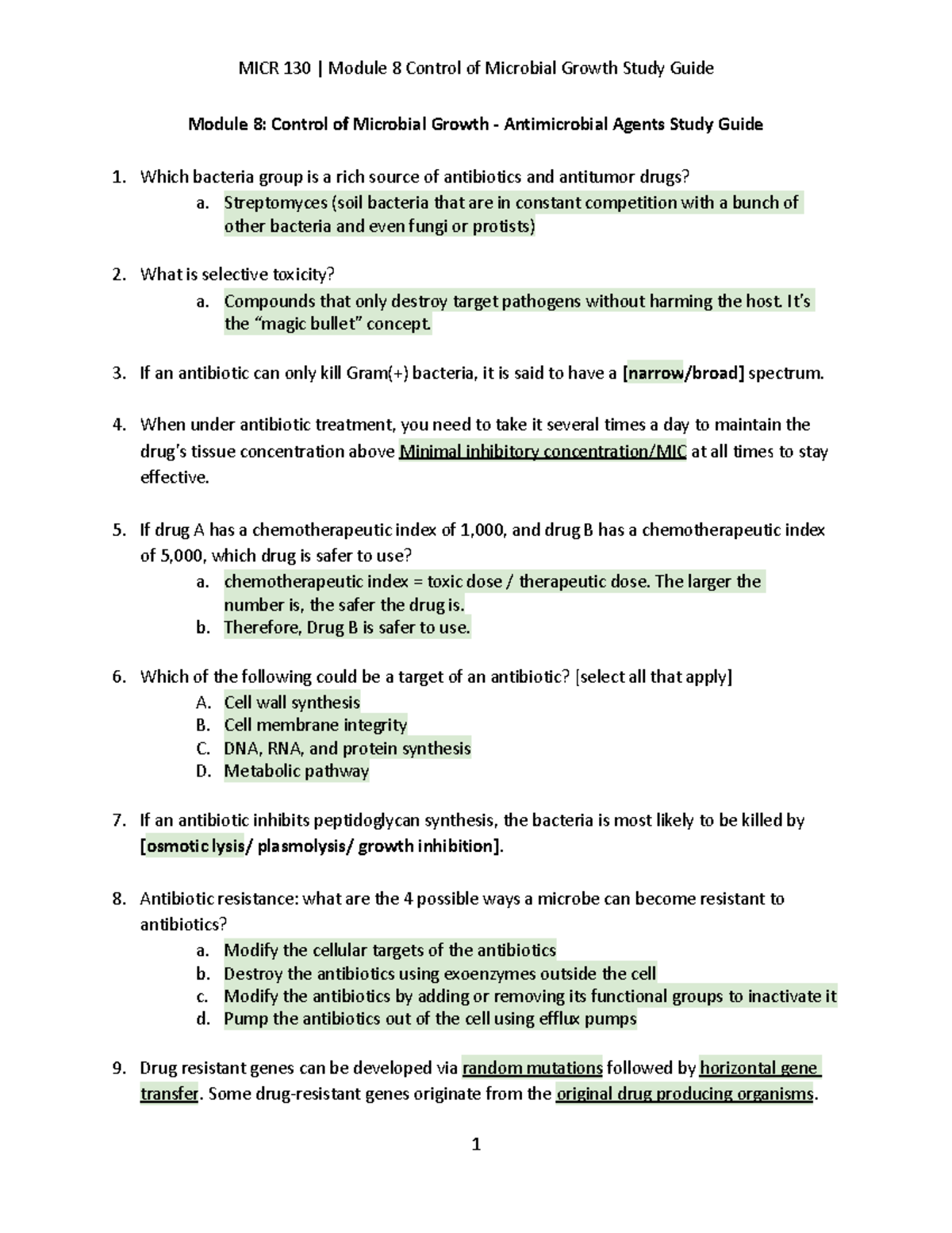 Module 8 Control of Microbial Growth via Antibiotics Study Guide - MICR ...