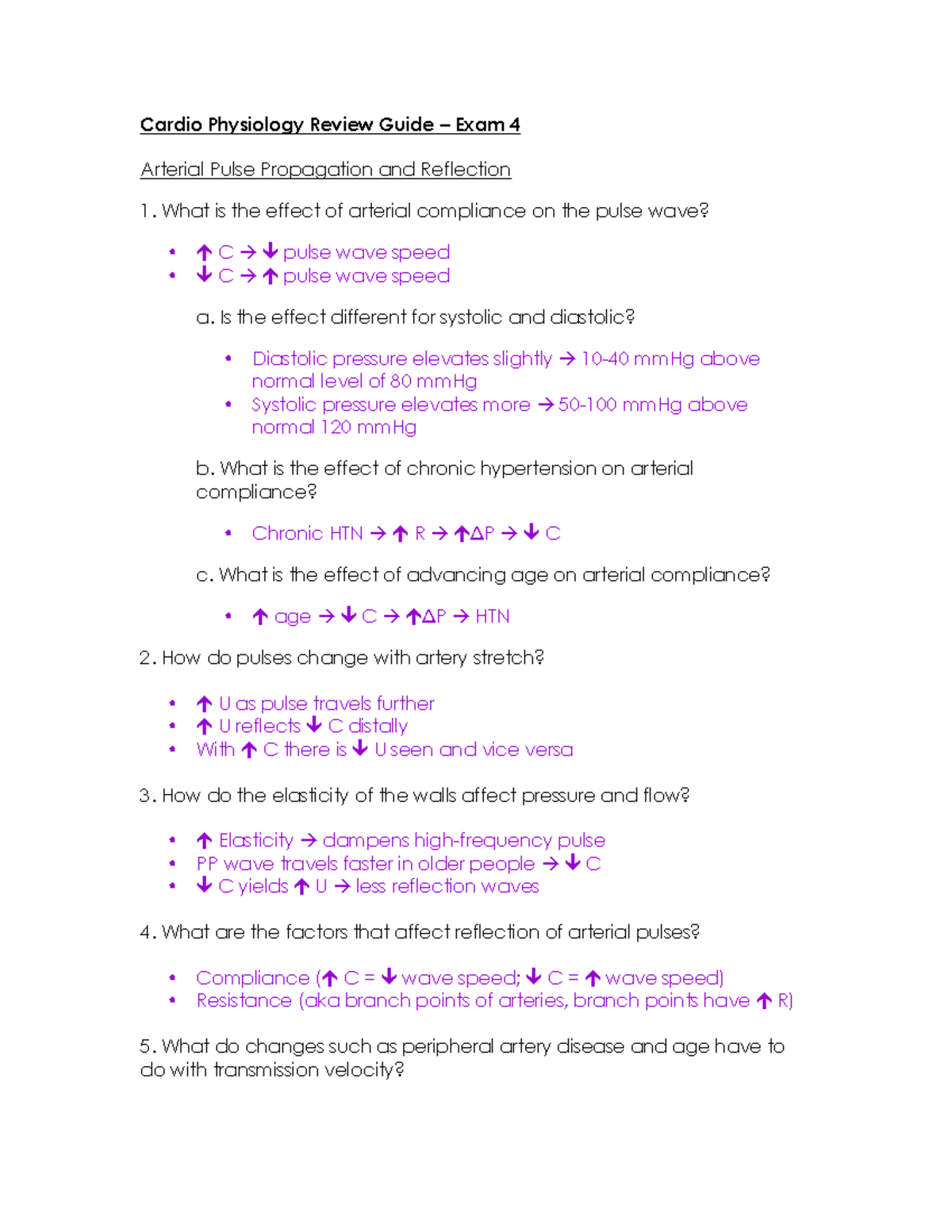 Exam 4 - Cardio Phys Lectures 31-36 Review Q's - Cardio Physiology ...