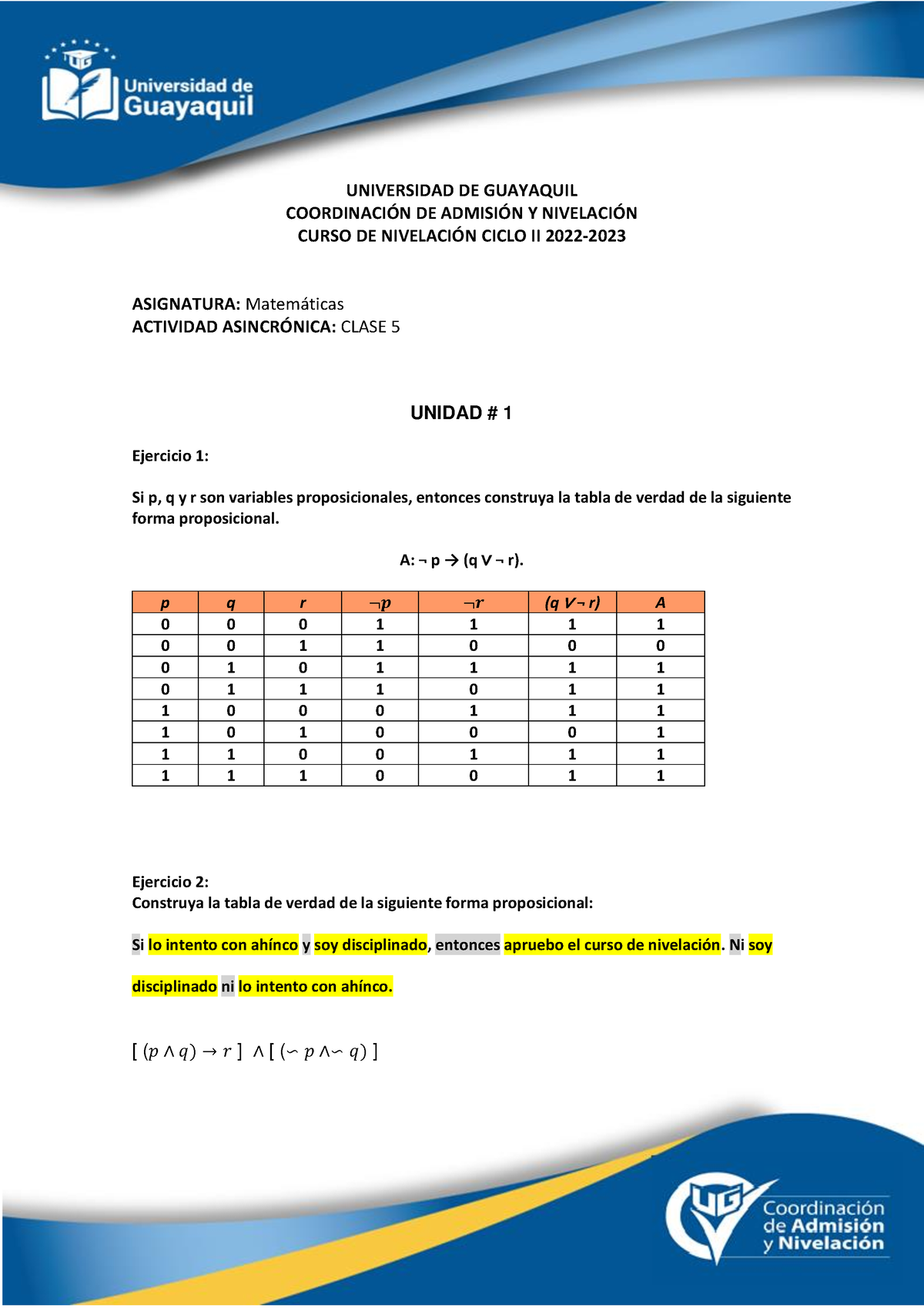 Tarea - U1 - Clase 5 - S2 - UNIVERSIDAD DE GUAYAQUIL COORDINACI”N DE ...