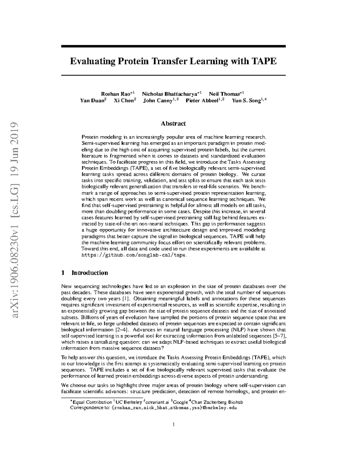 1906 - ML Paper - Evaluating Protein Transfer Learning with TAPE Roshan ...