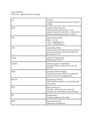 OB terms - 1. AB Abortion 2. AFI Amniotic fluid index (normal= 5cm-25cm ...