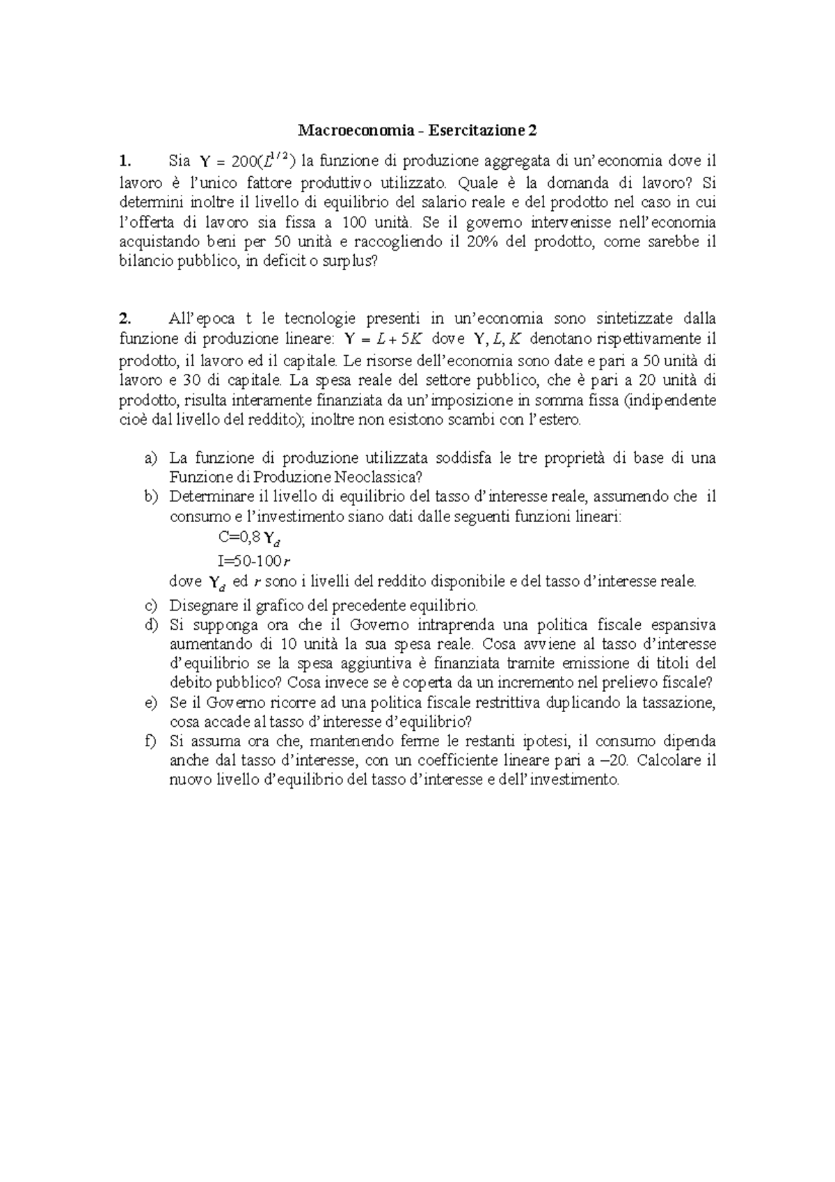 Esercitazione2 Fattori di produzione Macroeconomia Esercitazione