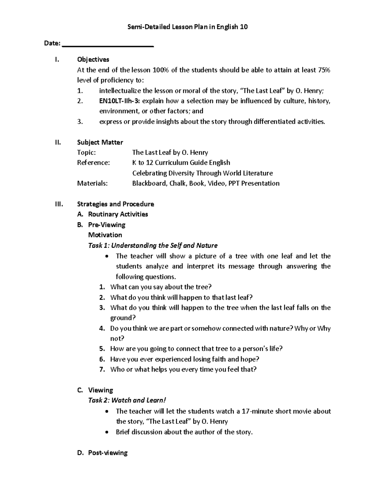 Toaz - THE LAST LEAF SUMMARY - Semi-Detailed Lesson Plan in English 10 ...