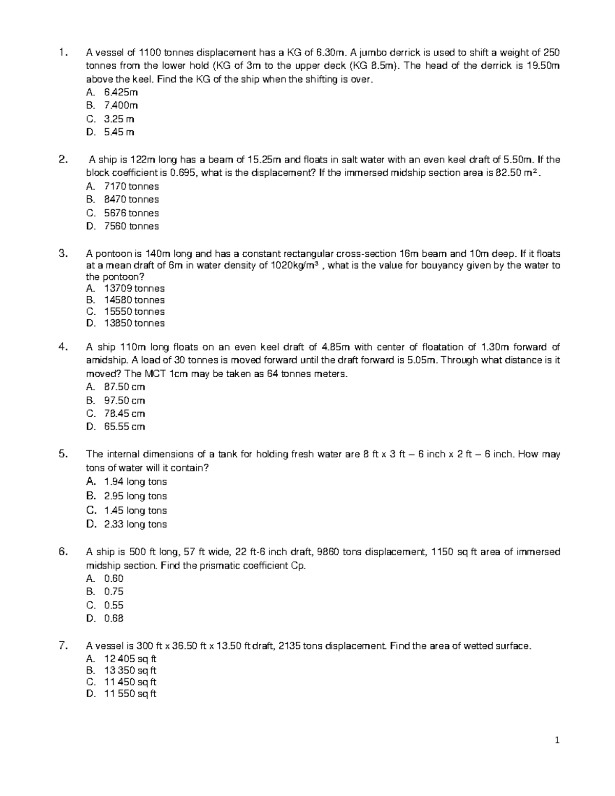 Pdfcoffee - N/A - 1. A vessel of 1100 tonnes displacement has a KG of 6 ...