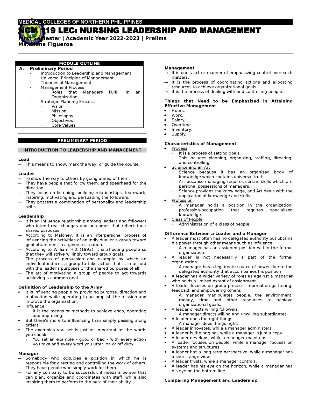 LM (Prelims) - N/a - MEDICAL COLLEGES OF NORTHERN PHILIPPINES NCM 119 ...