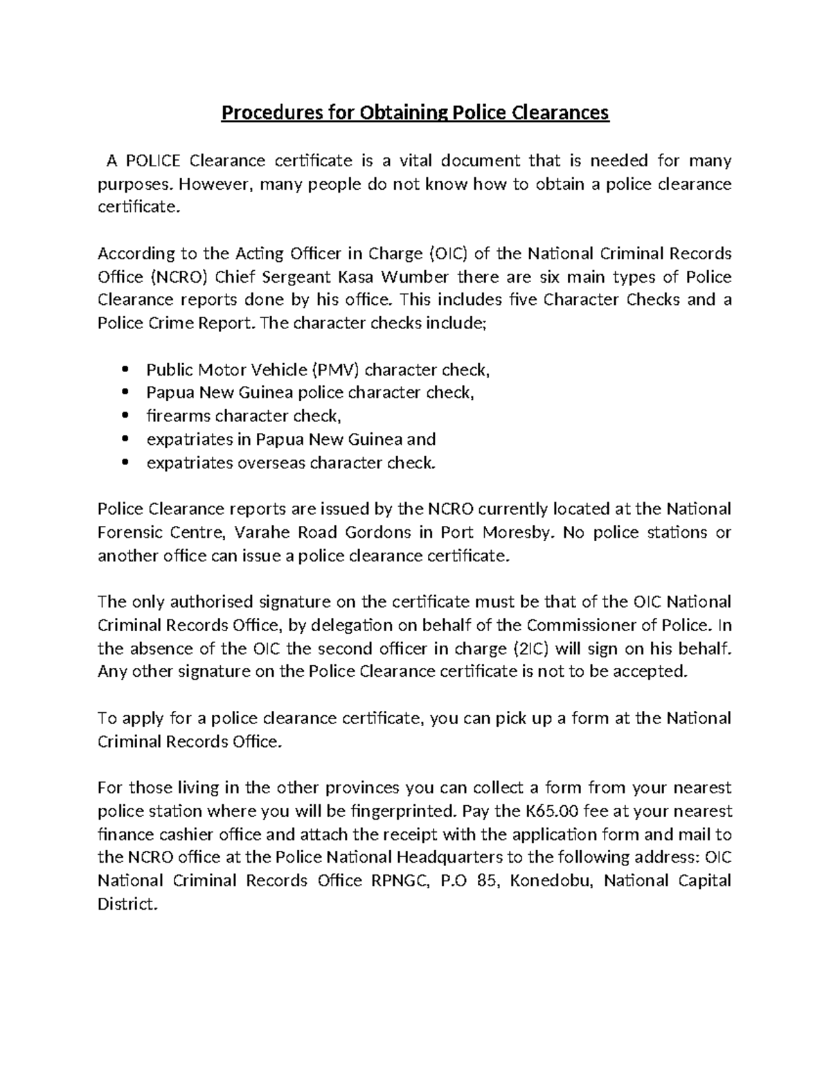 Procedures for Obtaining Police Clearances - However, many people do ...