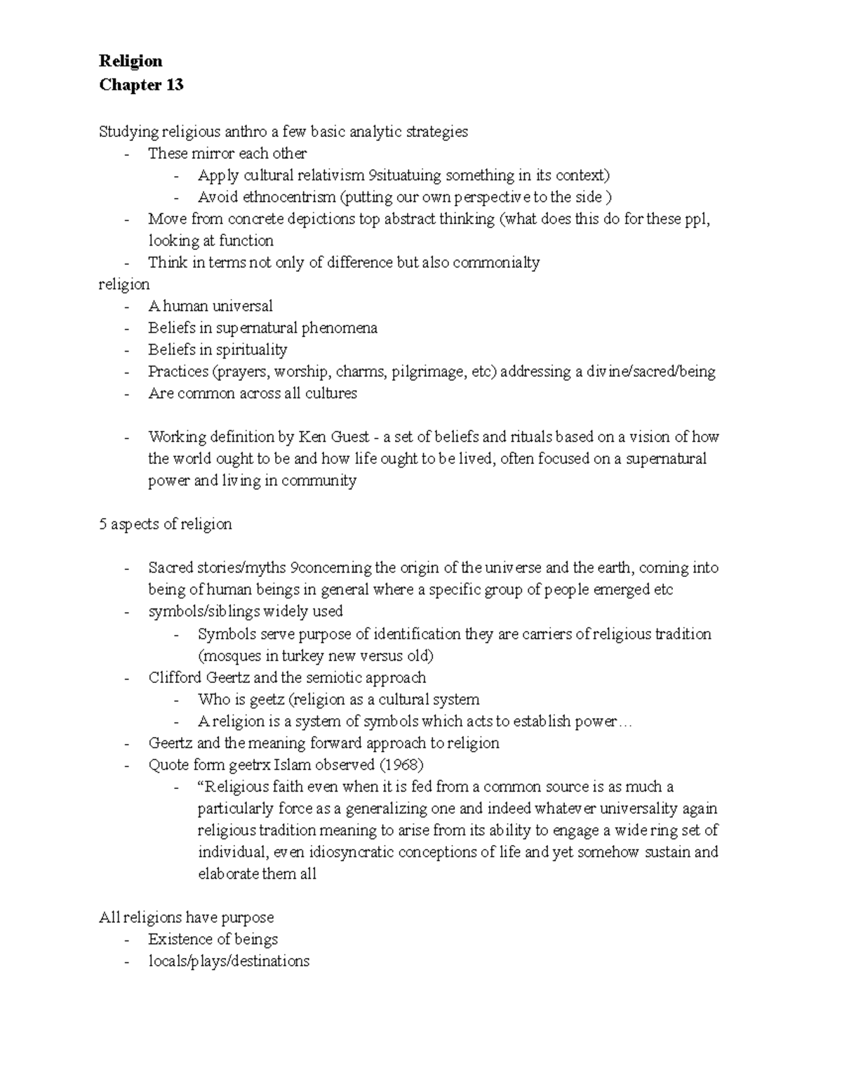 Class Notes Chapter 13 - Religion - Chapter 13 Studying religious ...