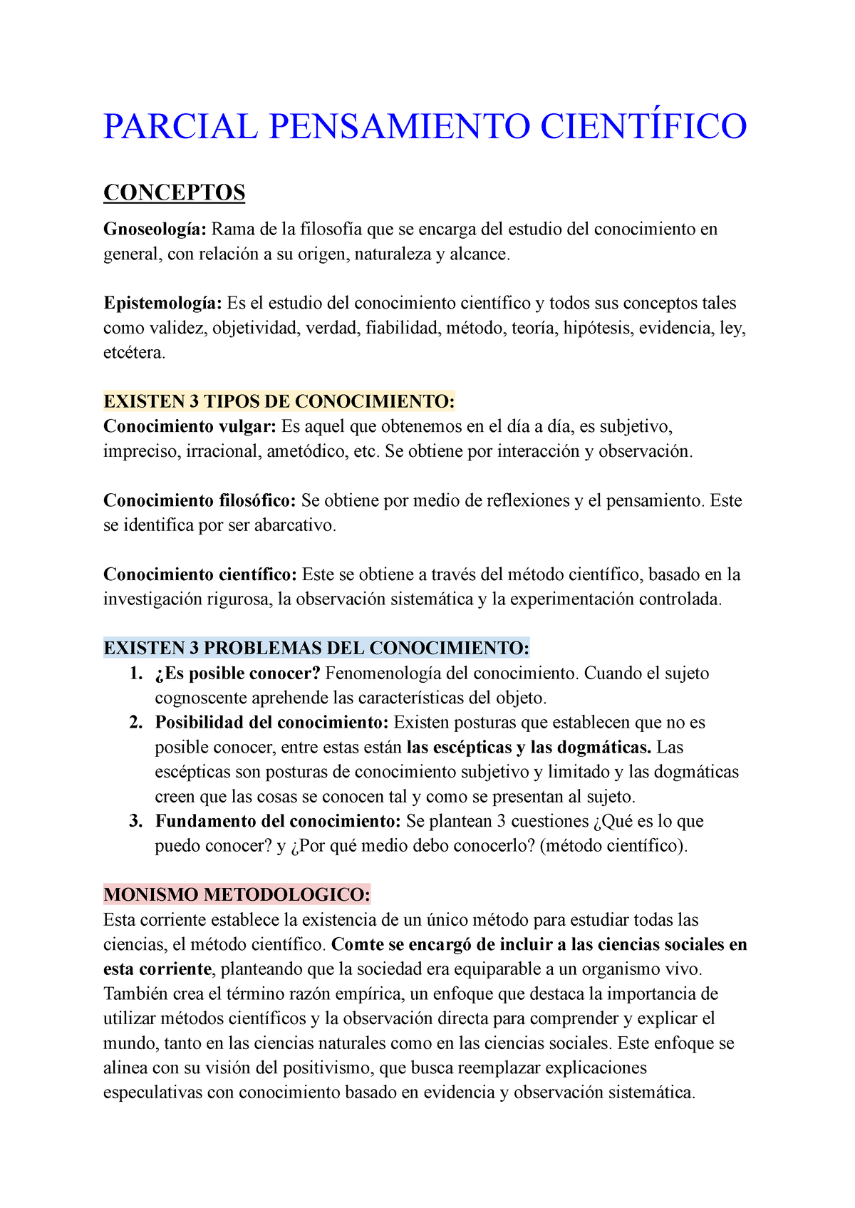 Parcial Pensamiento Cientifico - PARCIAL PENSAMIENTO CIENTÍFICO ...