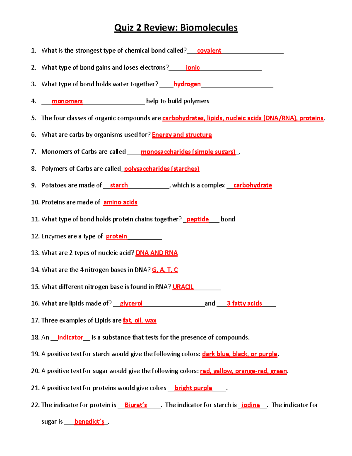 Biomolecules Quiz Review A - Quiz 2 Review: Biomolecules What is the ...