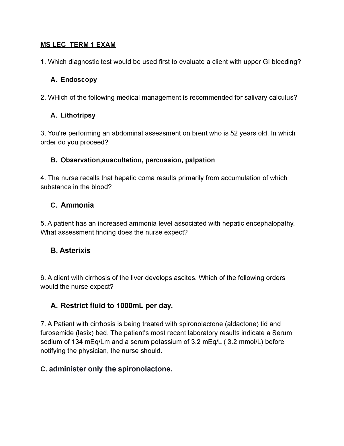 MS LEC TERM 1 EXAM - practice - MS LEC TERM 1 EXAM 1. Which diagnostic ...