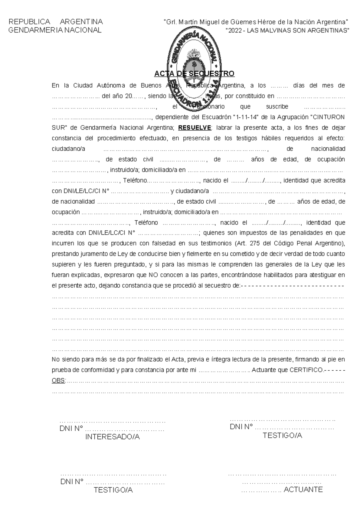 ACTA DE Secuestro - MODELO - REPUBLICA ARGENTINA “Grl. Martín Miguel de