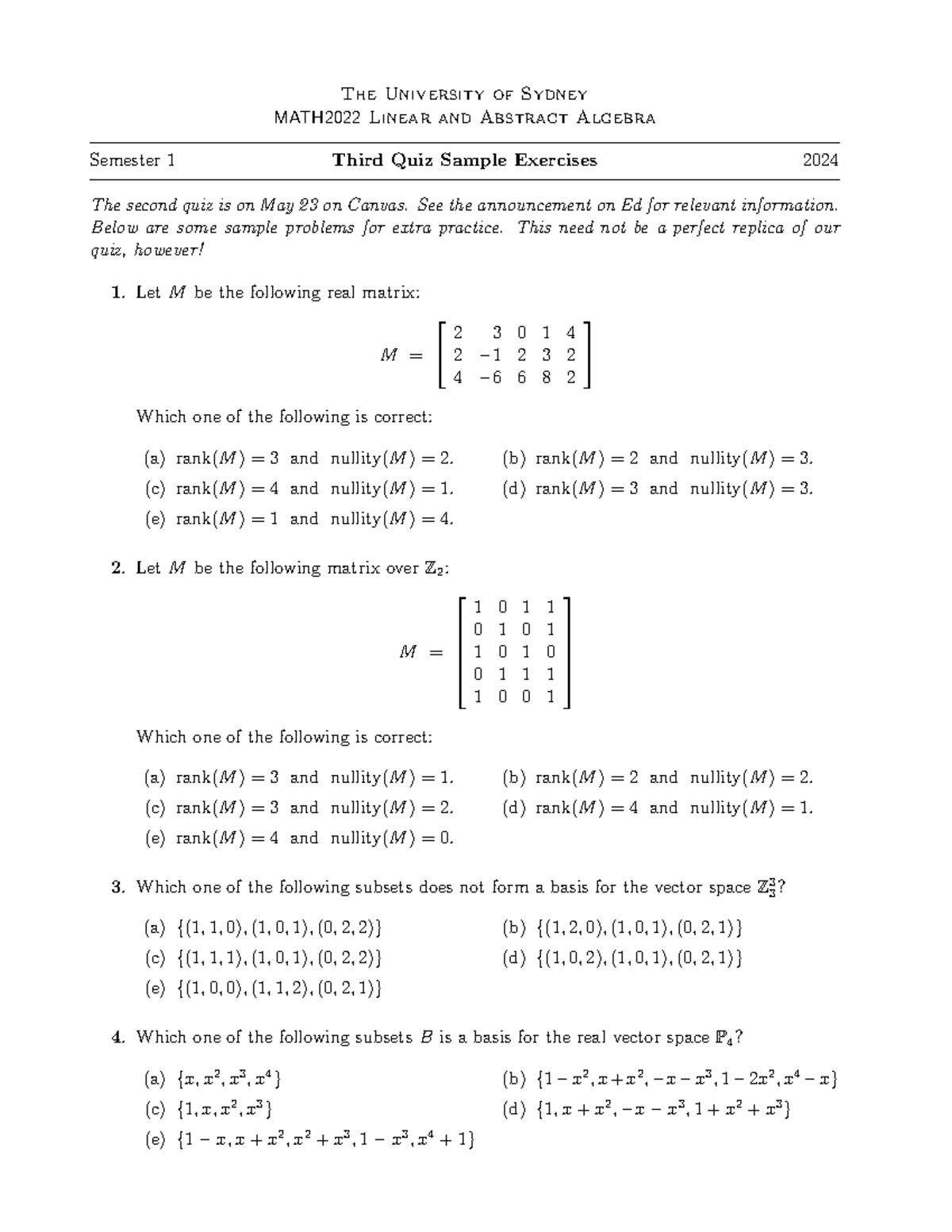 Practice Quiz 3 - The University of Sydney MATH2022 Linear and Abstract ...