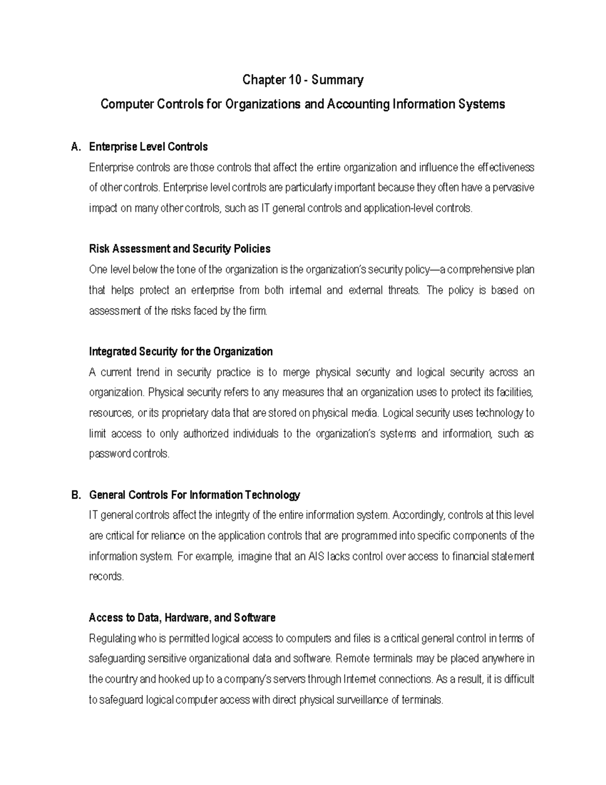Chapter 10 Computer Controls for Organizations and Accounting