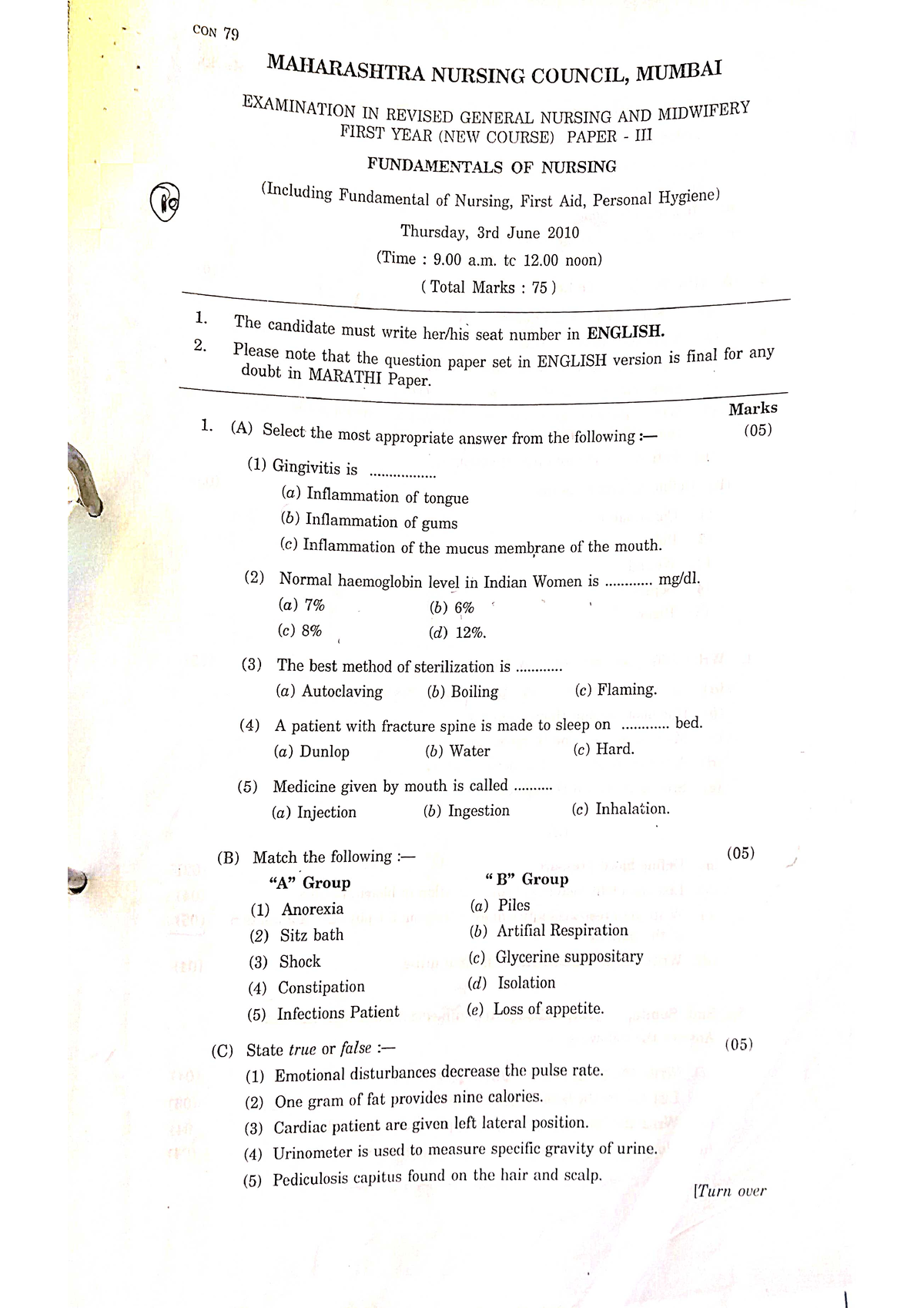 Fundamental Nursing 1St Year Gnm 2010 2019 - Fundamentals Of Nursing ...