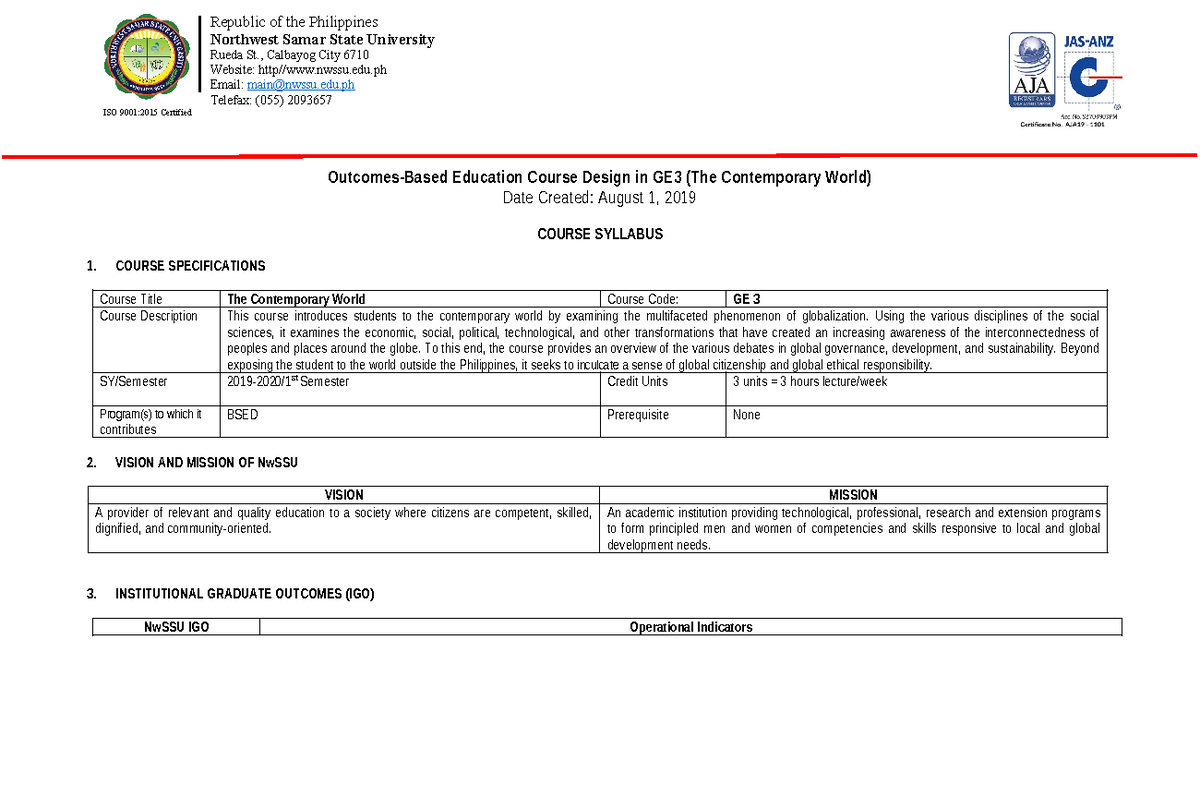 Syllabus GE 3 THE Contemporary World Final - ISO 9001:2015 Certified ...